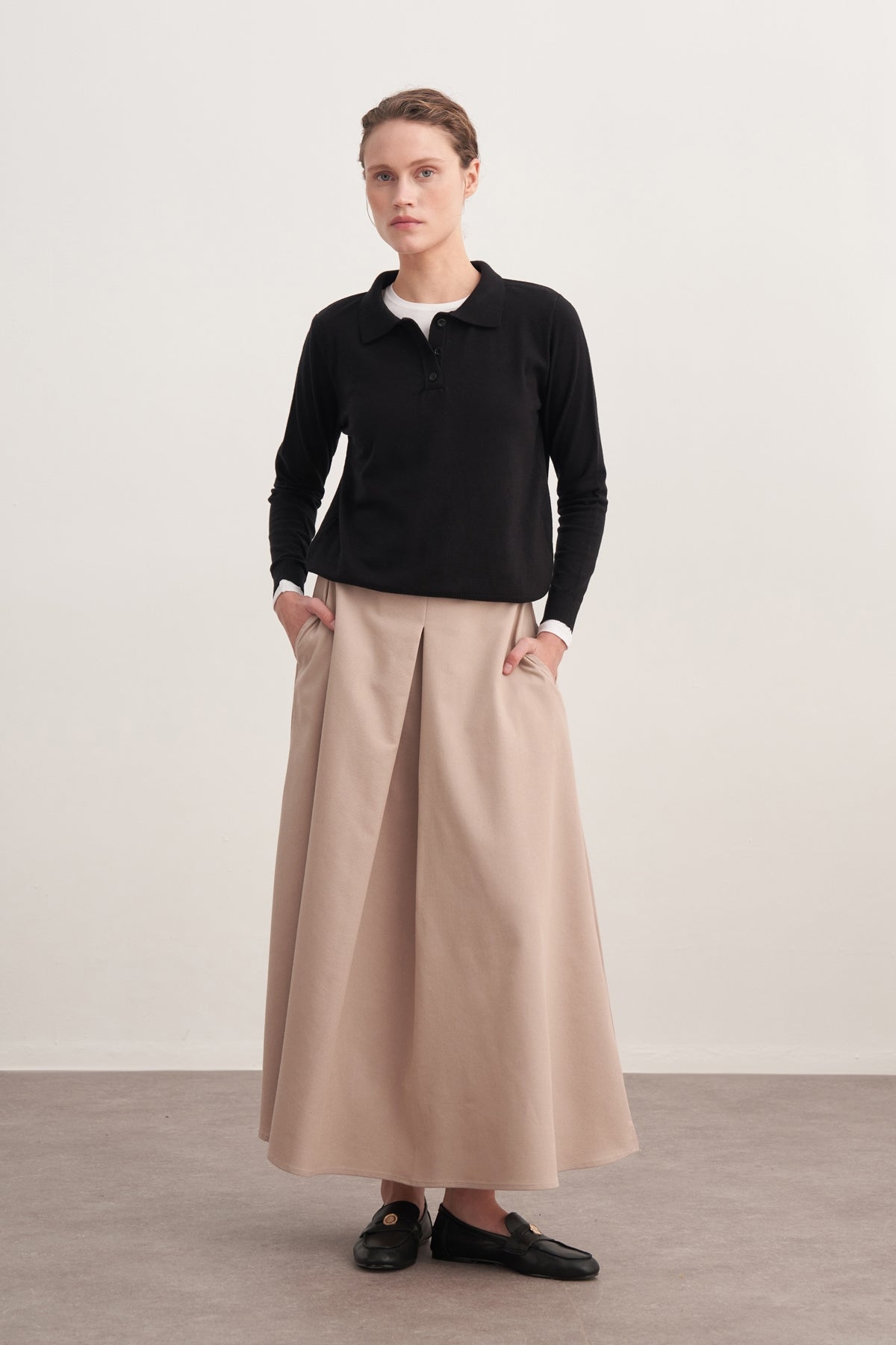 Kadın Polo Yaka Viskon Triko Kazak Siyah