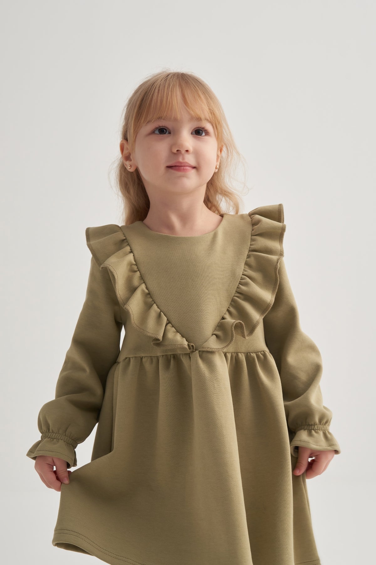 Kız Çocuk İnterlok Fırfırlı Uzun Kol Elbise Yeşil