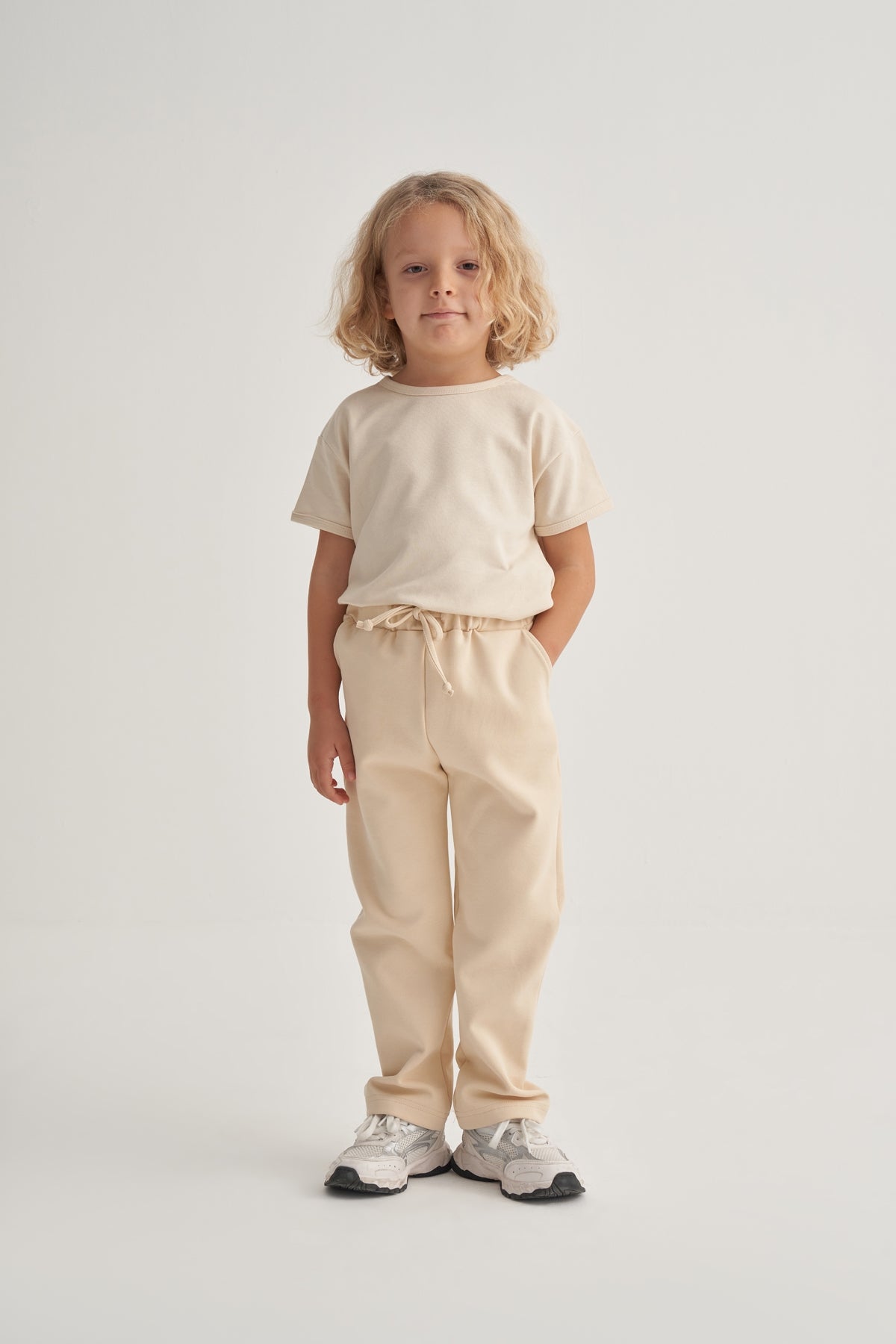 Unisex Çocuk İnterlok Düz Kesim Pantolon Bej