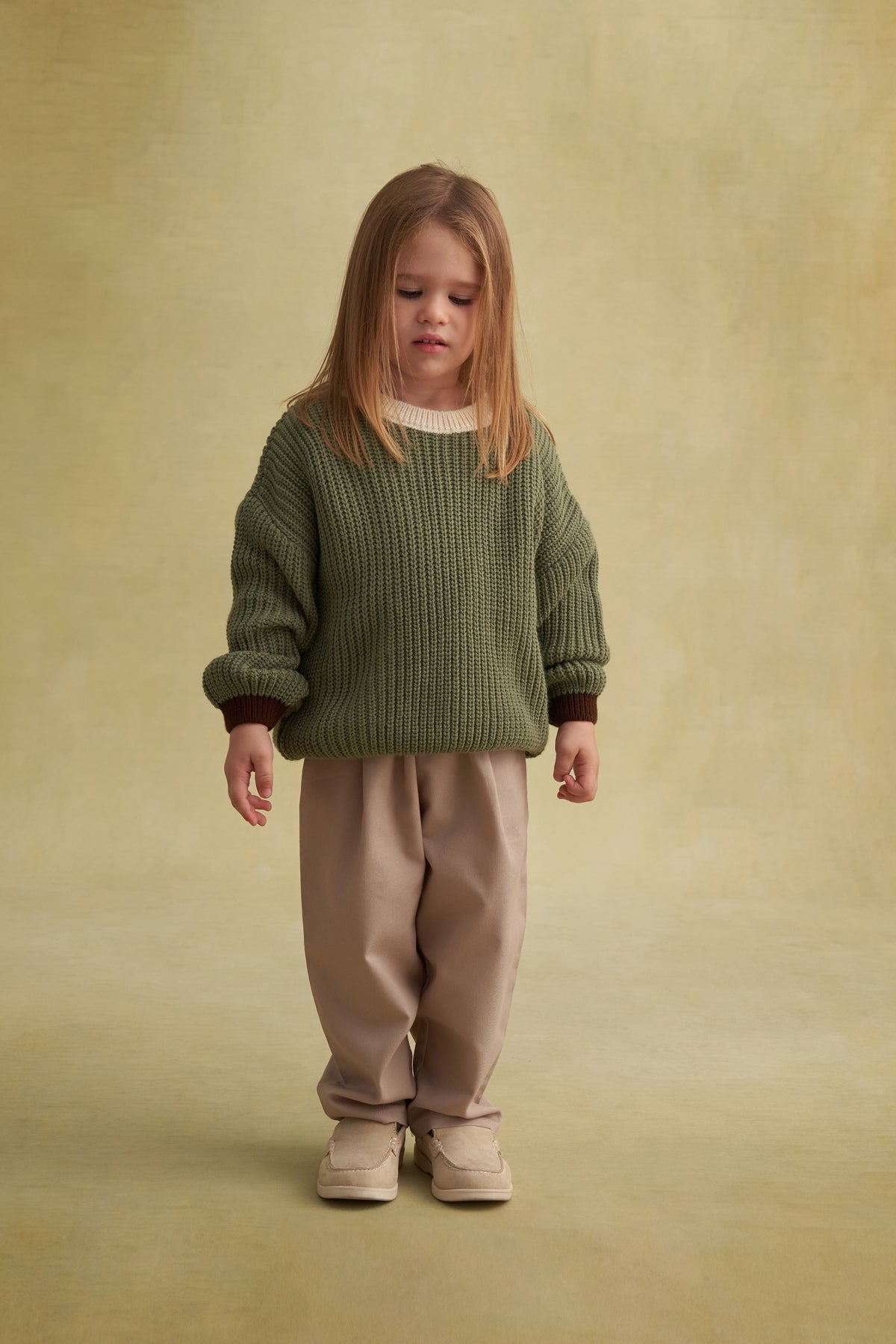 Unisex Çocuk Gabardin Bel Lastikli Pantolon Bej