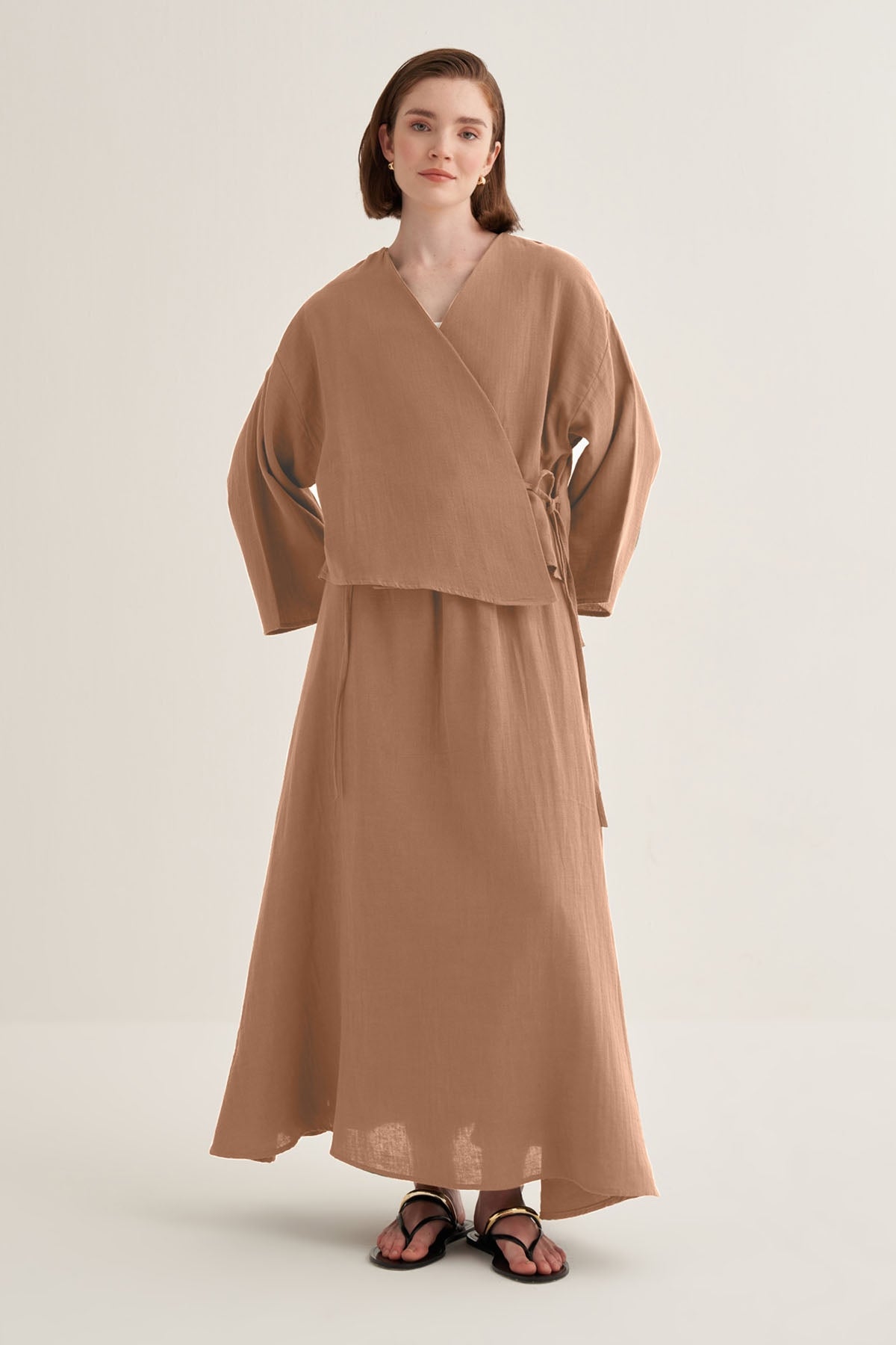 Kadın Müslin Kimono Etek Takım Vizon