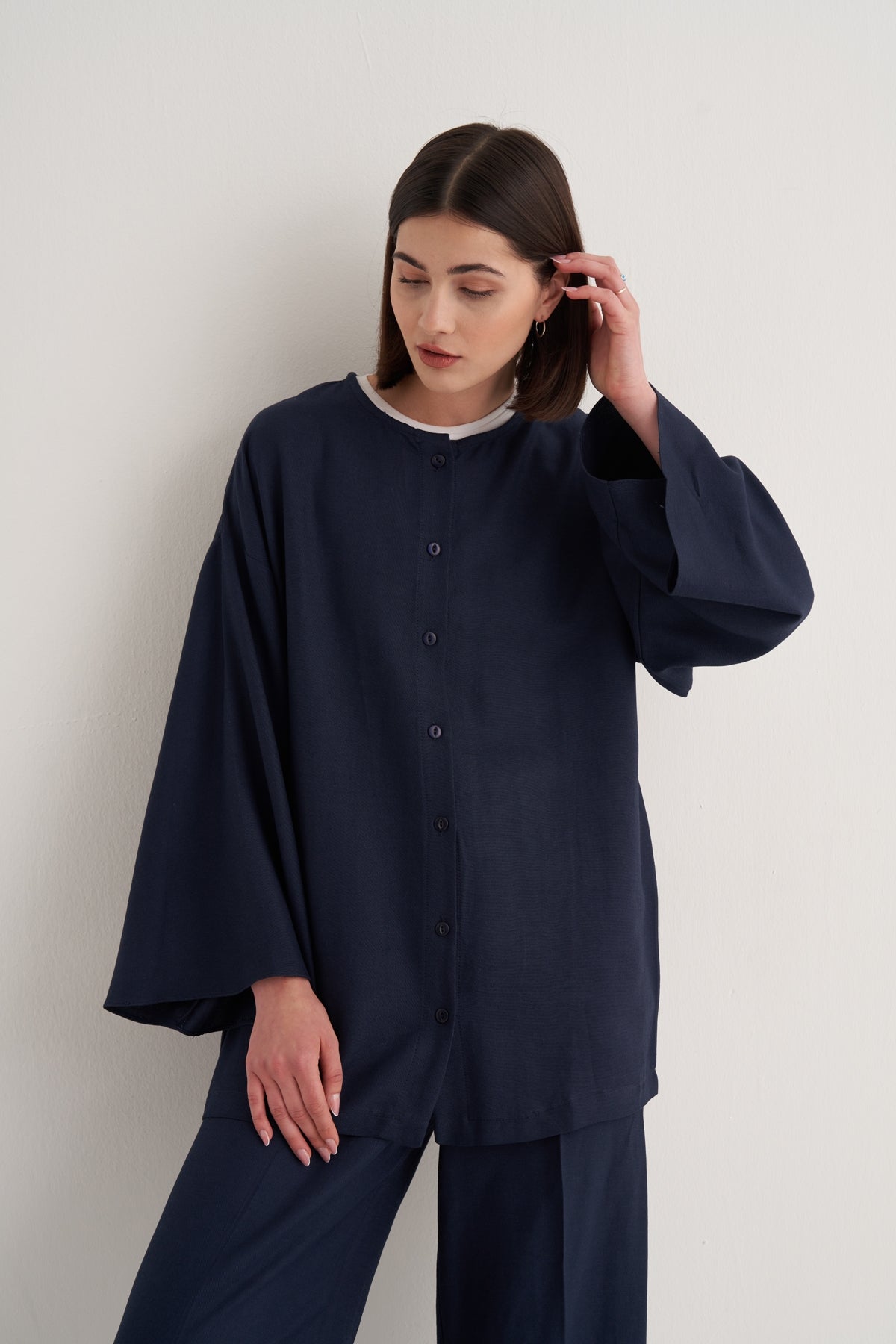 Kadın Dökümlü Pamuklu Kimono Gömlek Lacivert