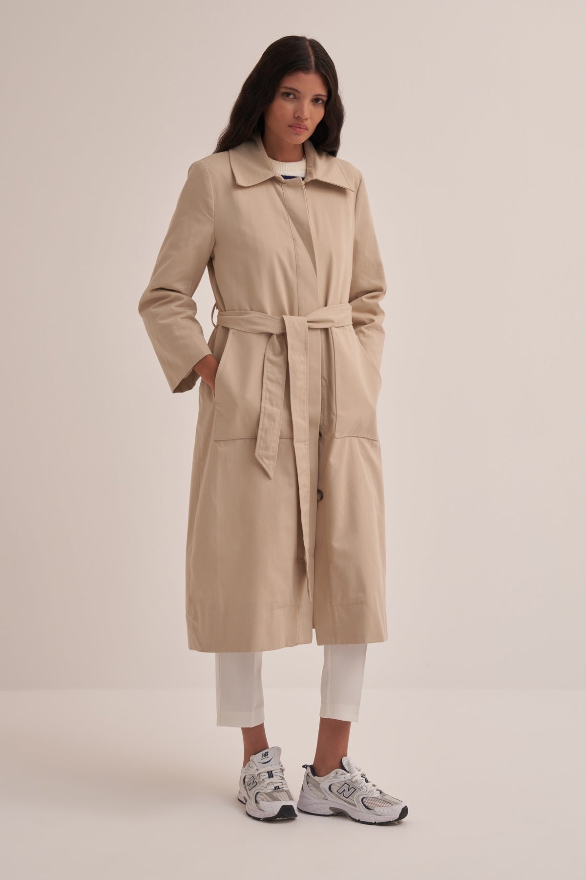 Kadın Oversize Düz Kapama Trençkot Bej