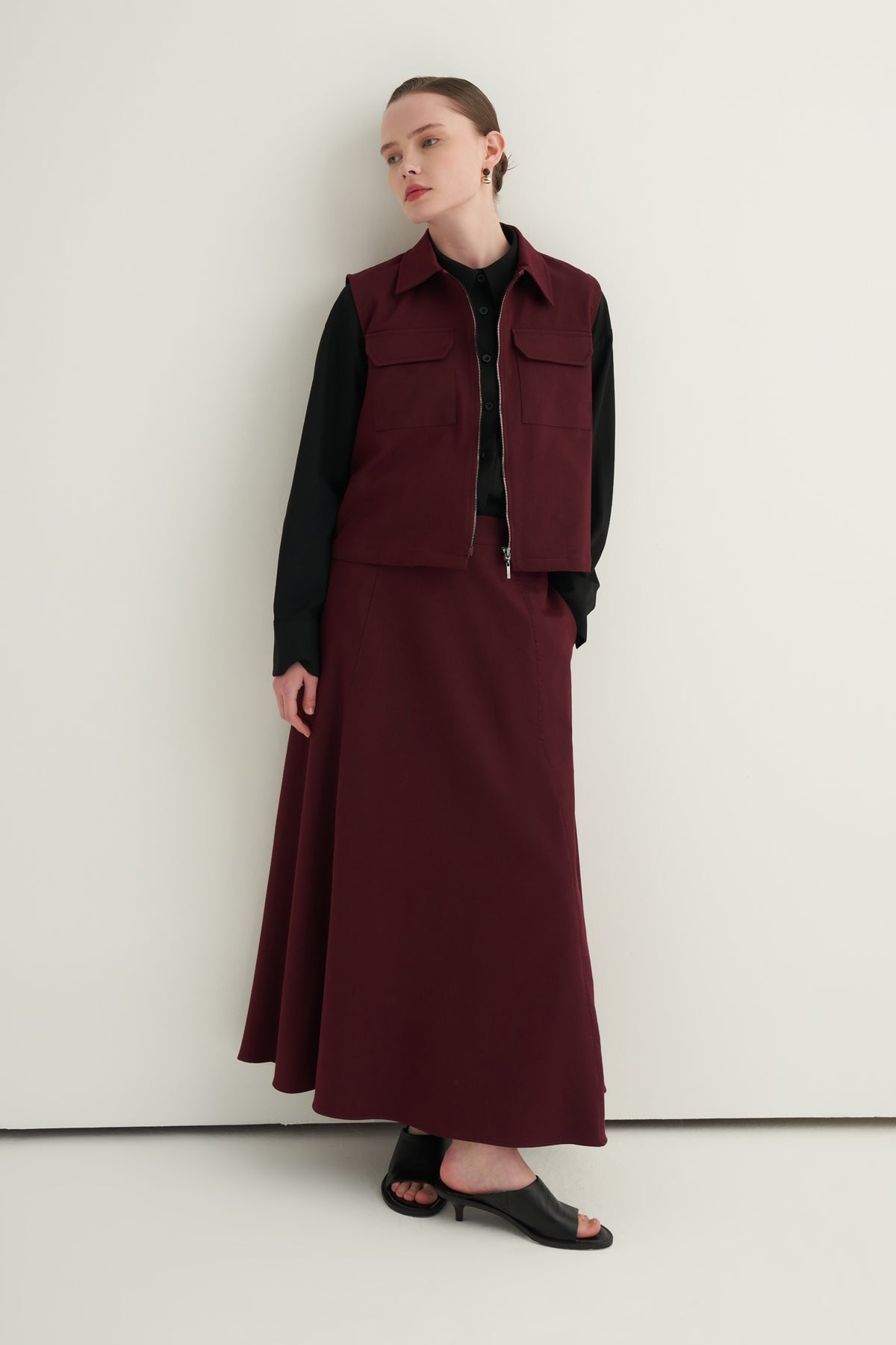 Kadın Gabardin Yelekli Etek Takım Mürdüm