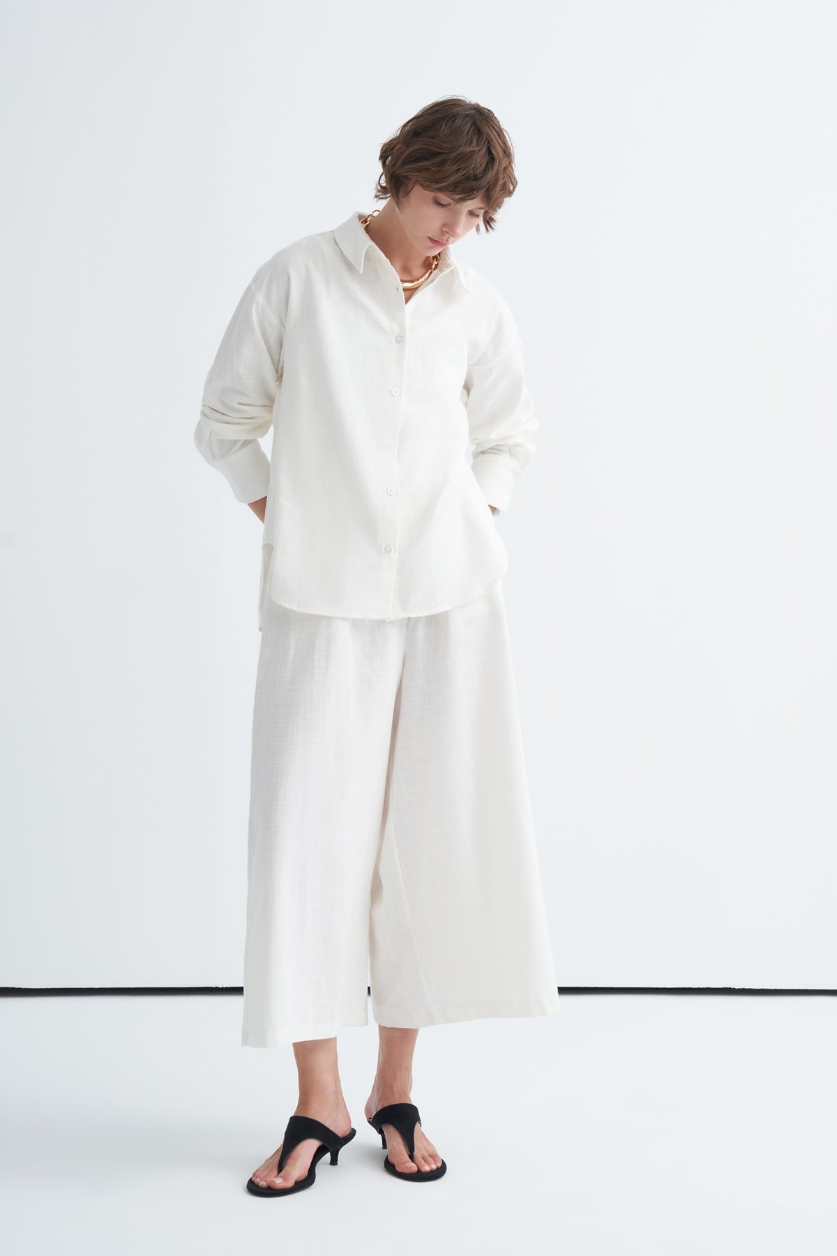 Kadın Organik Pamuklu Oversize Gömlek Pantolon Takım Ekru