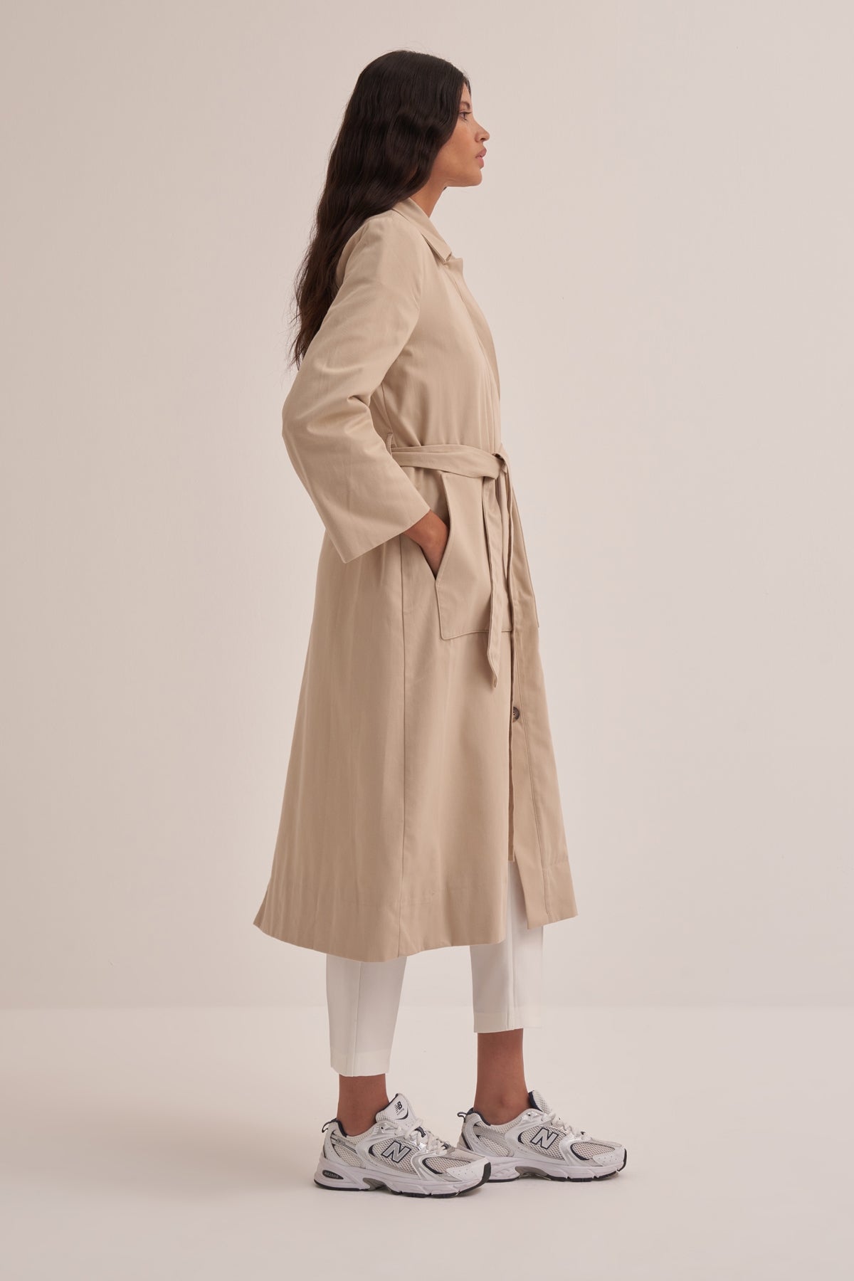 Kadın Oversize Düz Kapama Trençkot Bej