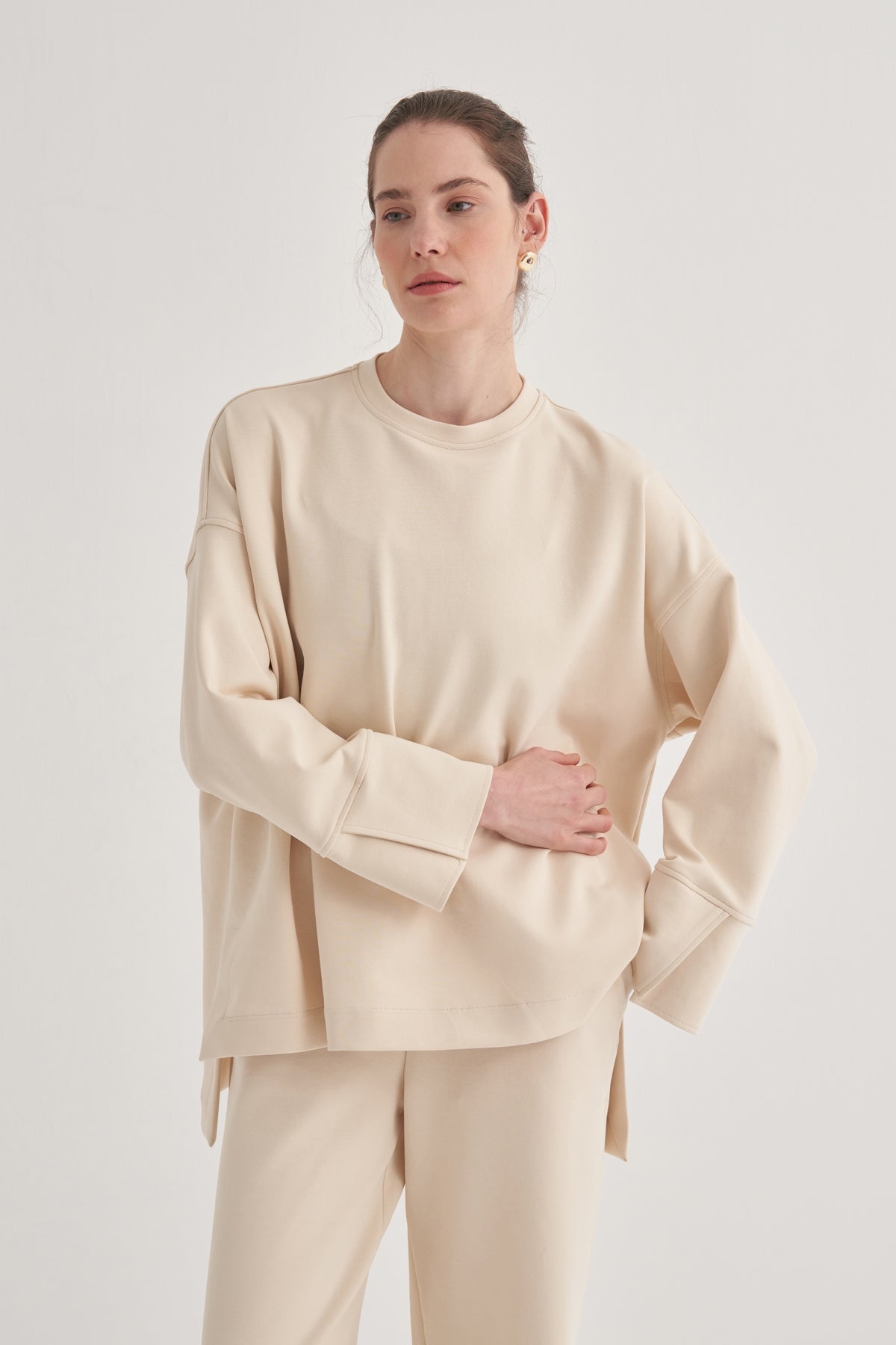 Kadın İnterlok Kol Detaylı Bluz Bej