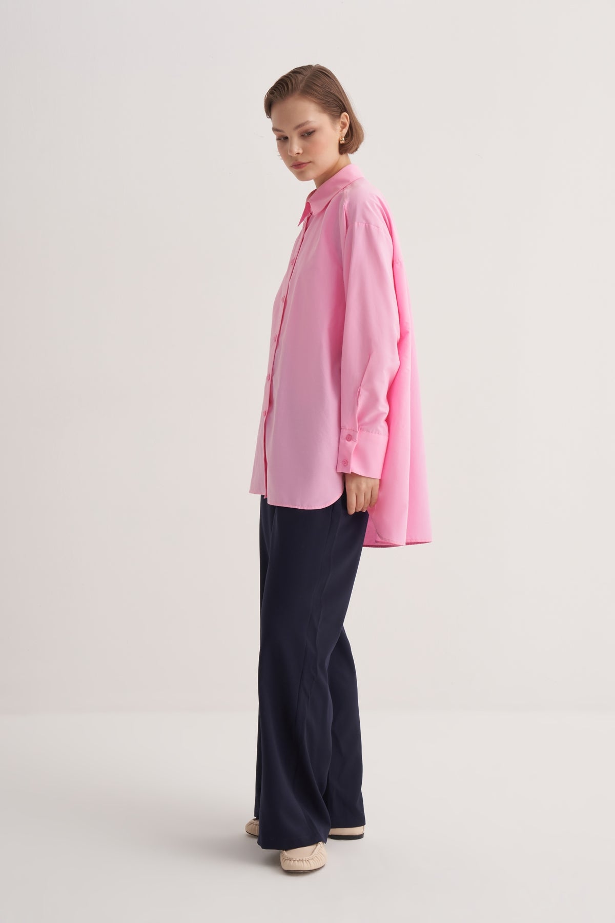 Kadın Poplin Oversize Robalı Gömlek Açık Pembe