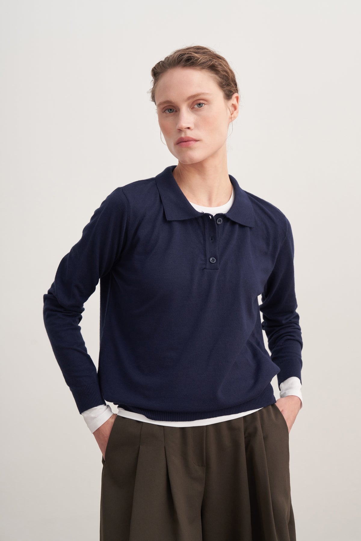 Kadın Polo Yaka Viskon Triko Kazak Lacivert