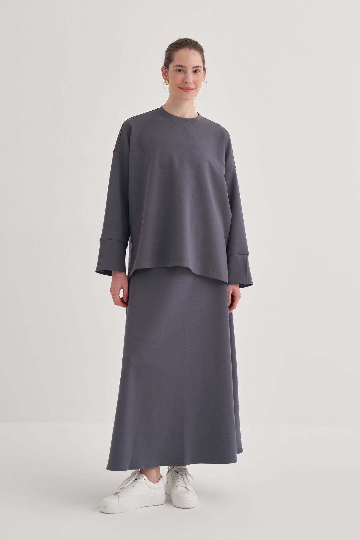 Kadın İnterlok Kol Detaylı Bluz Füme