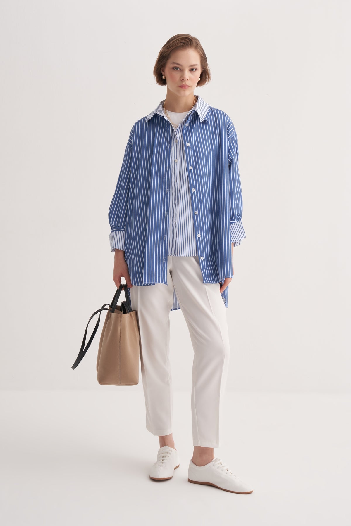 Kadın Poplin Oversize Robalı Gömlek Çizgili Lacivert