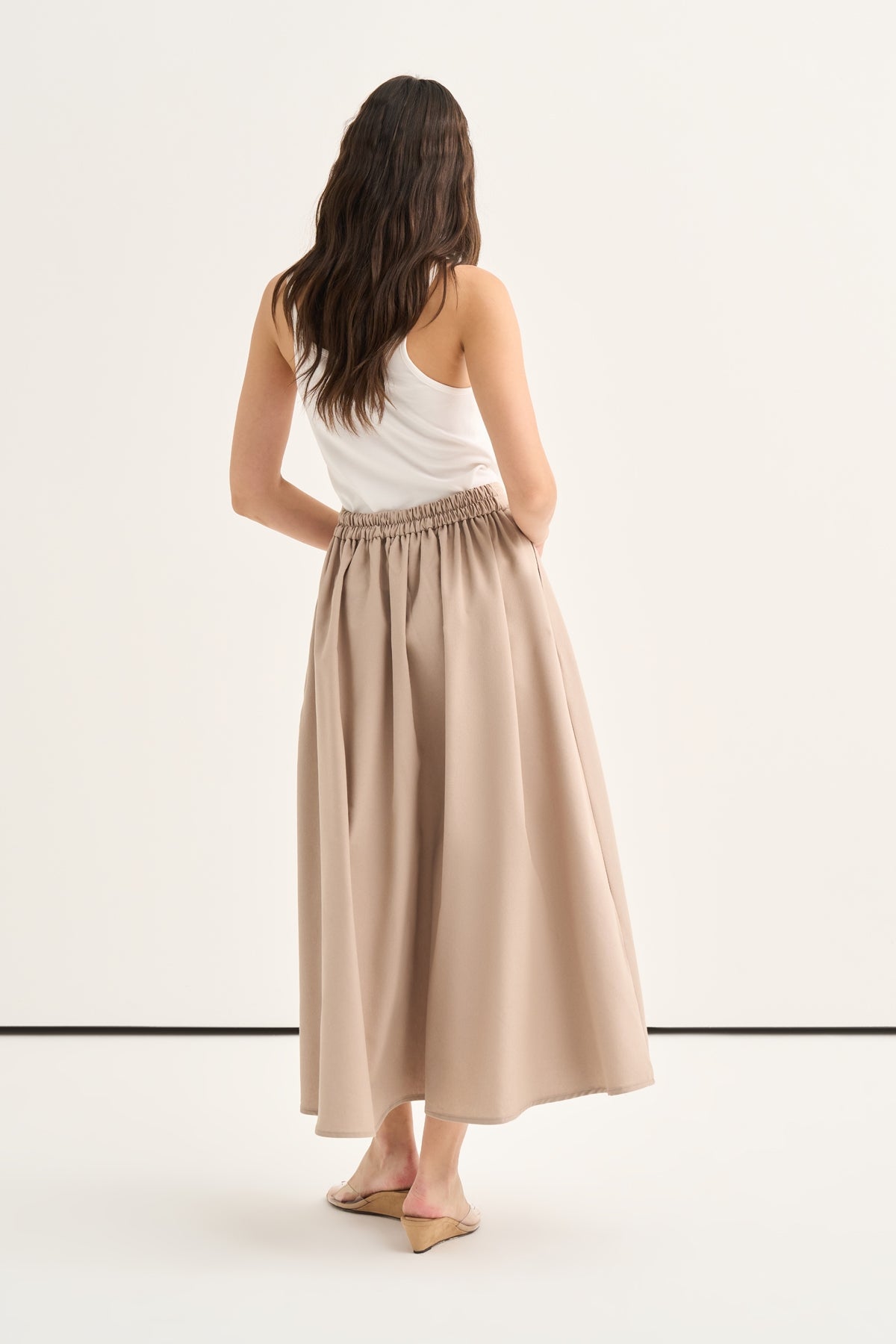 Kadın Gabardin Düğmeli Pileli Etek Bej