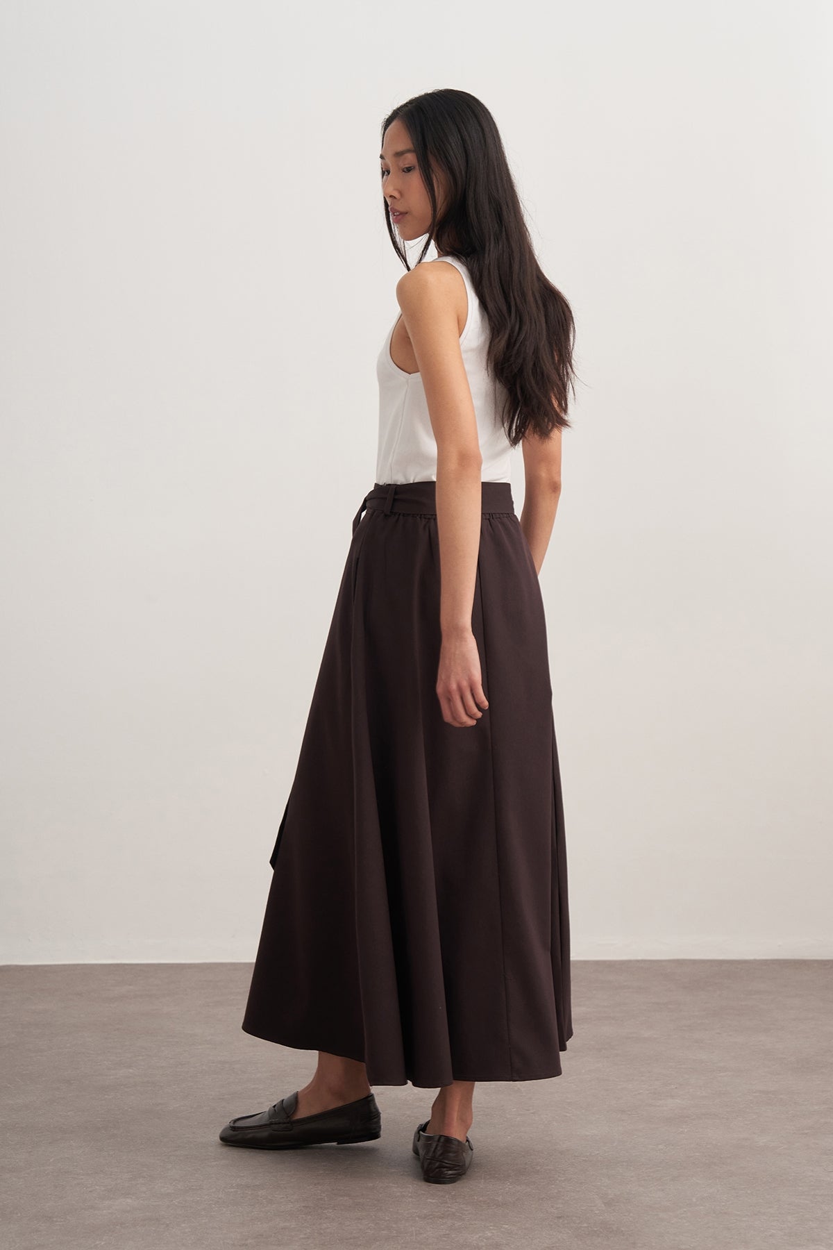 Kadın Gabardin Kemerli Kloş Etek Kahve