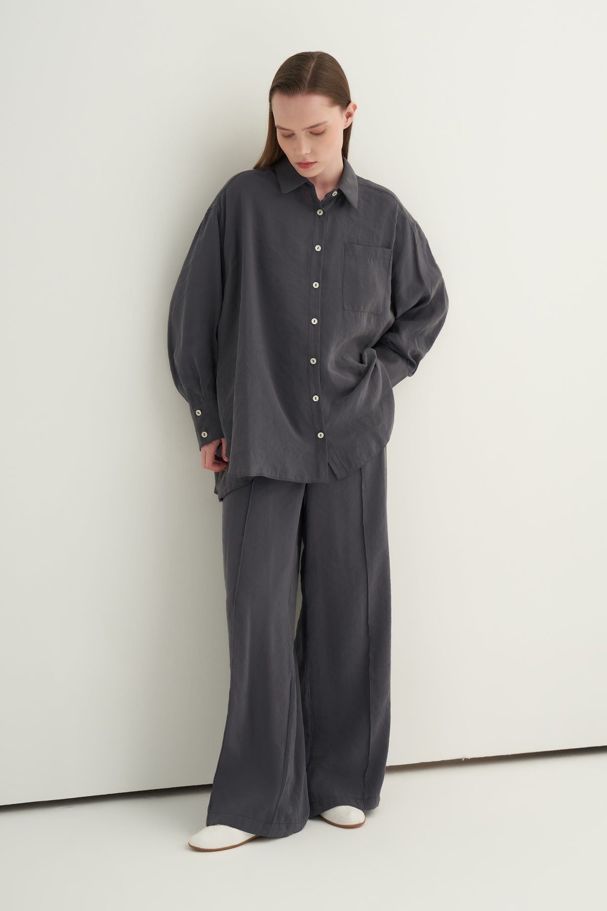 Kadın Modal Oversize Gömlek Pantolon Takım Füme