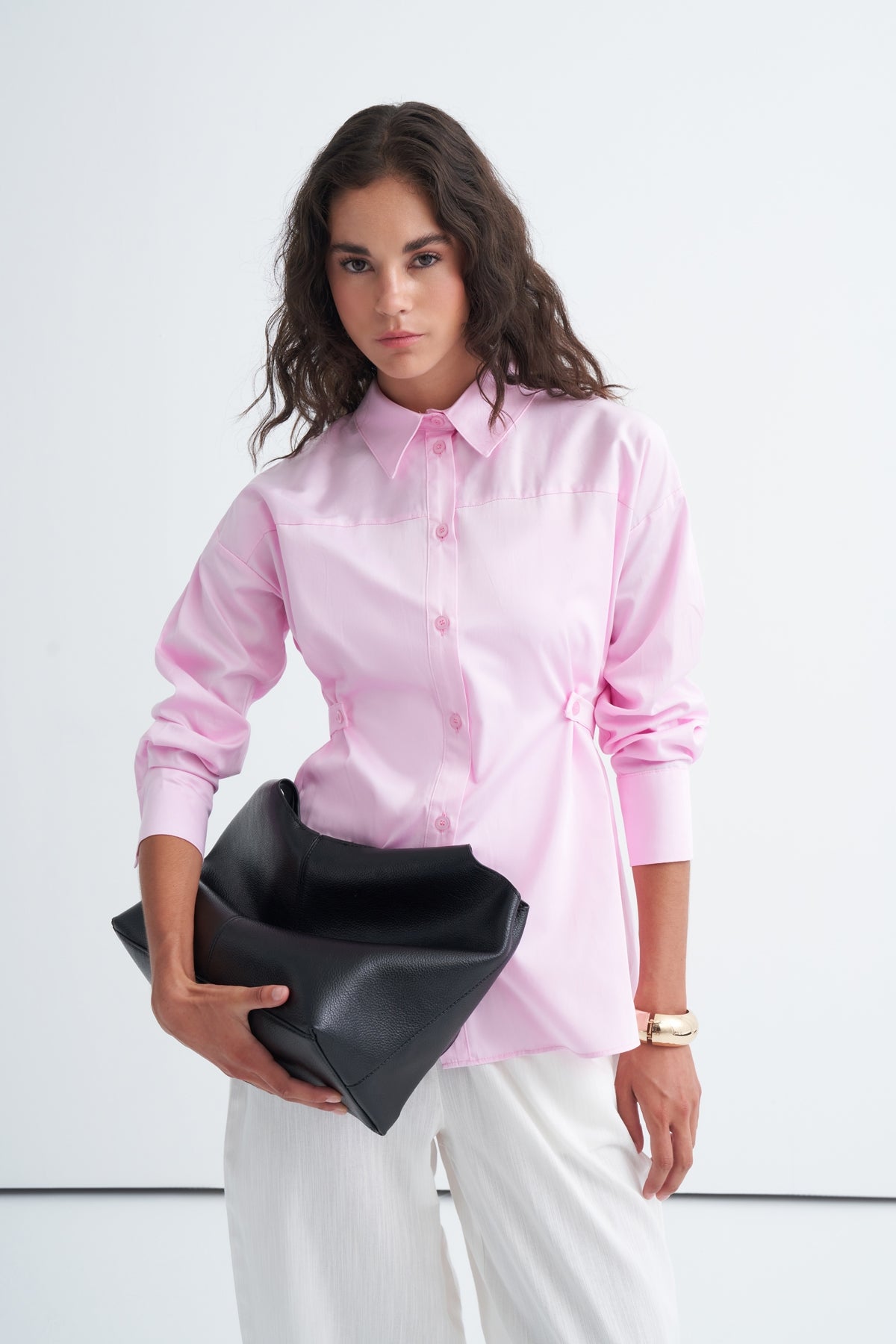Kadın Premium Poplin Seyyar Bel Kemerli Gömlek Açık Pembe