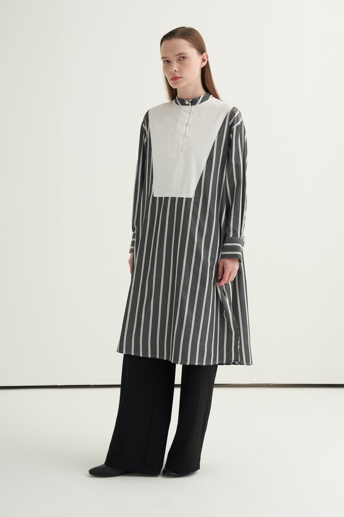 Kadın Hakim Yaka Kontrast Tunik Siyah Çizgili