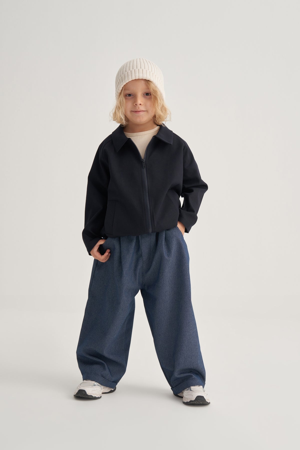 Unisex Çocuk Gabardin Pilili Pantolon Kot Mavisi