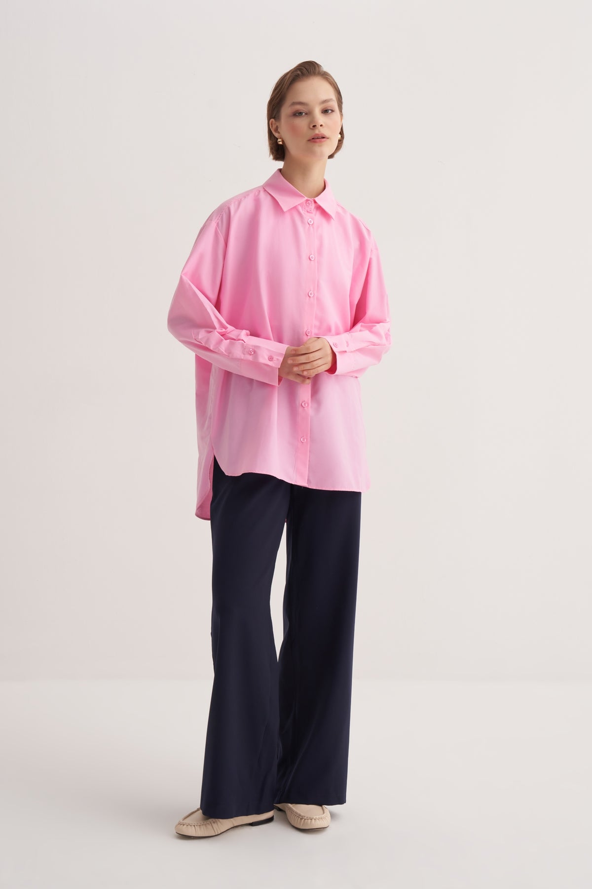 Kadın Poplin Oversize Robalı Gömlek Açık Pembe