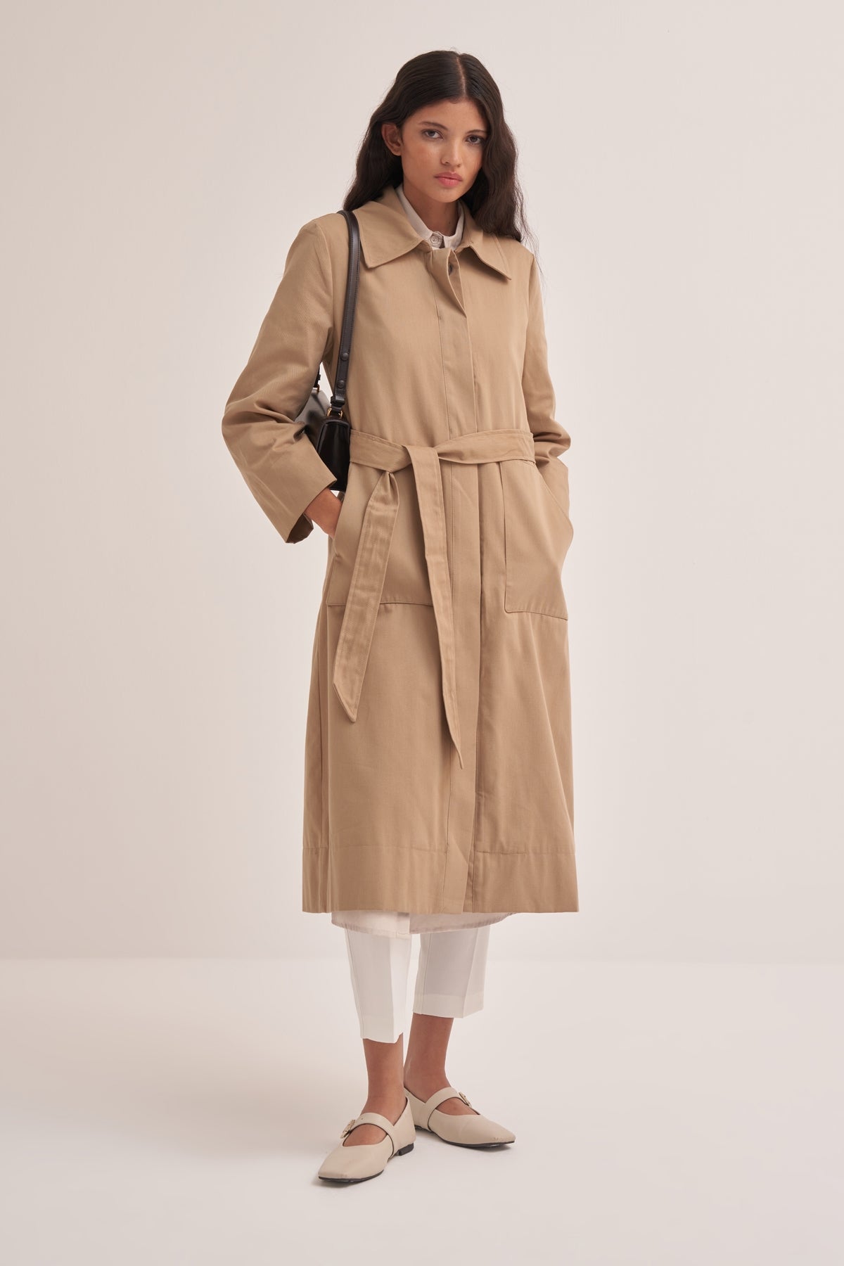 Kadın Oversize Düz Kapama Trençkot Camel