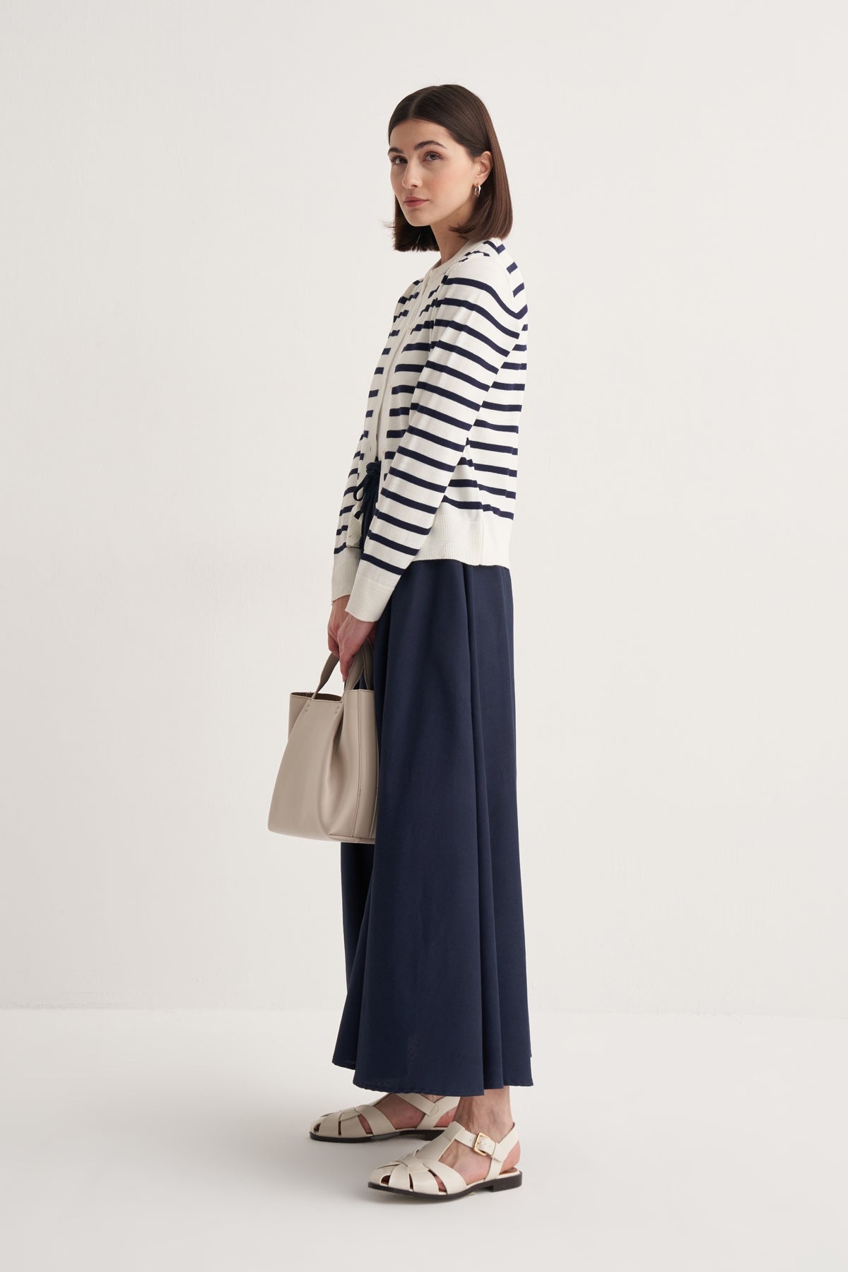 Kadın İnce Triko Çizgili Hırka Lacivert