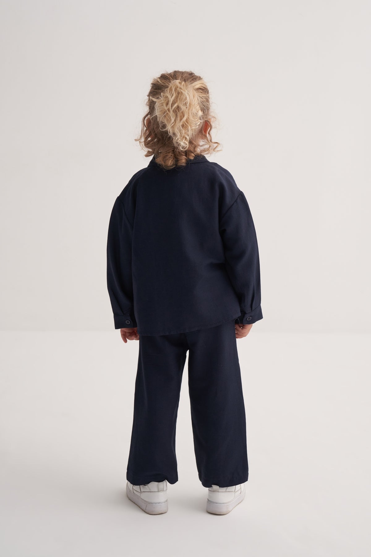 Unisex Çocuk Dökümlü Pamuklu Düğmeli Pantolon Lacivert