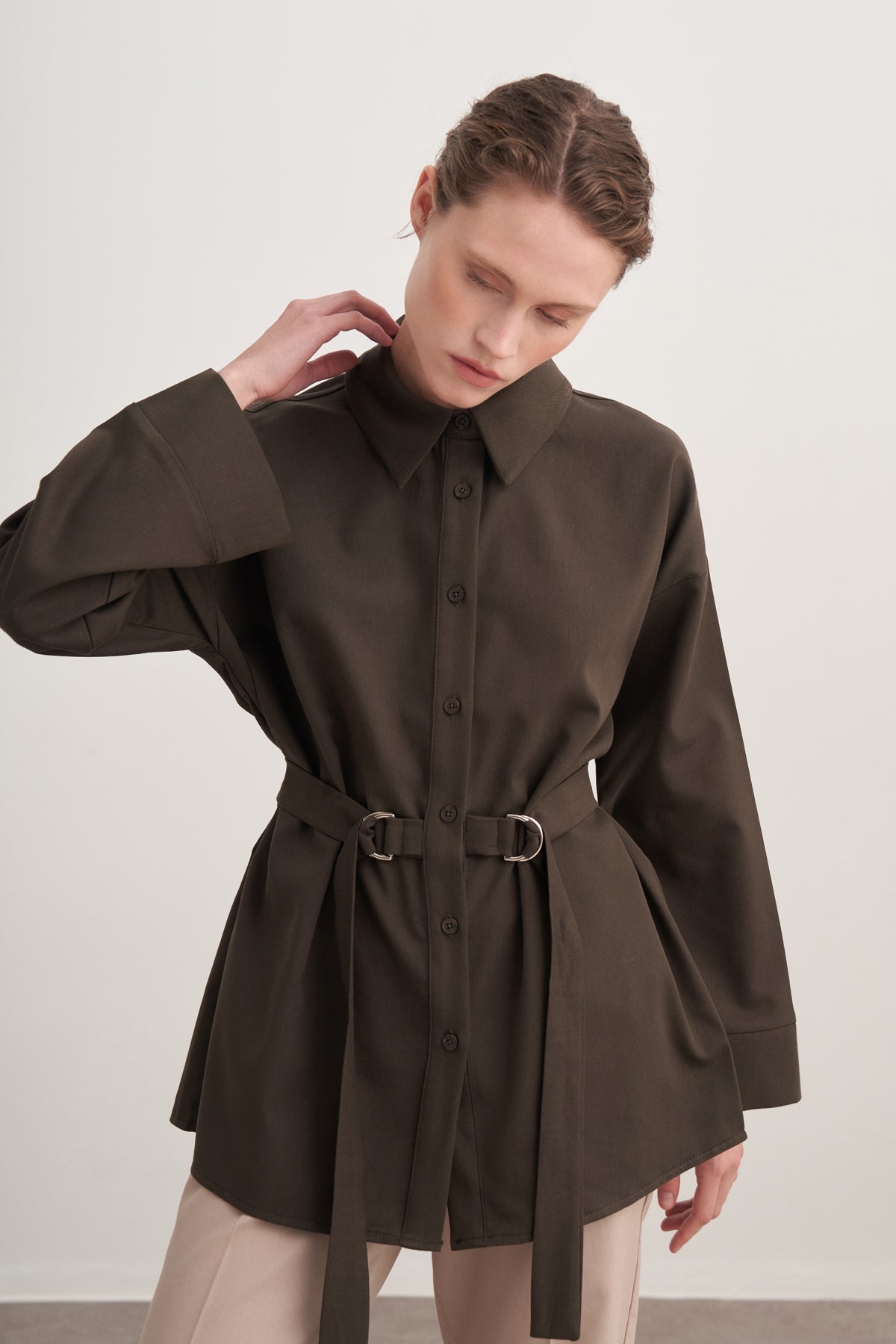 Kadın Gabardin Kemerli Gömlek Haki