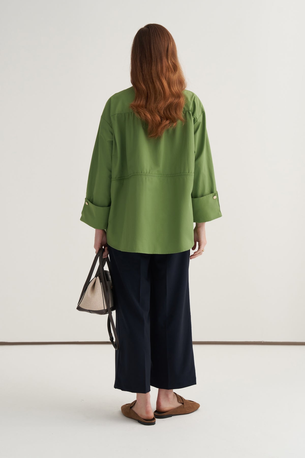 Kadın Oversize Kol Düğmeli Gömlek Açık Yeşil