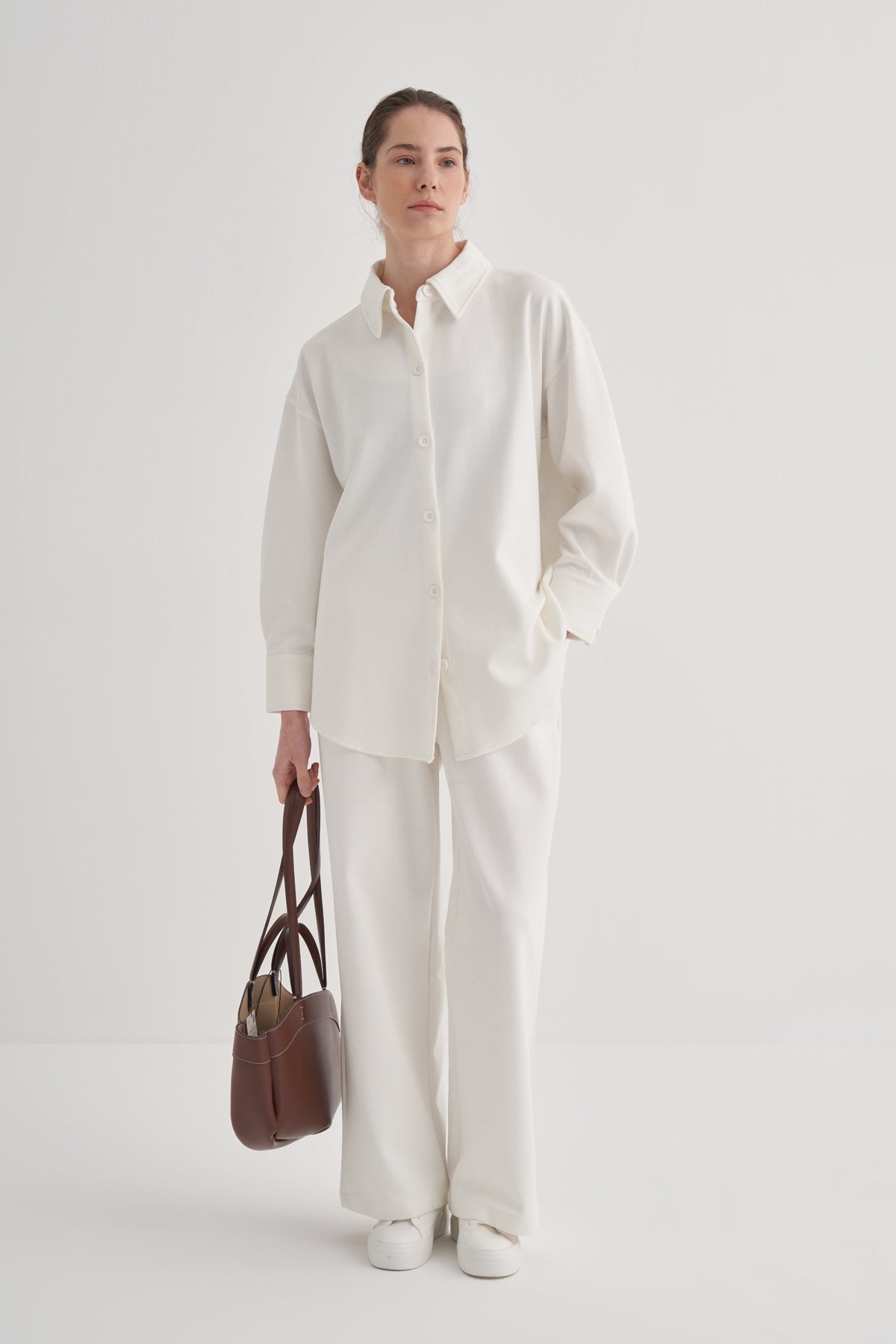 Kadın İnterlok Palazzo Pantolon Ekru