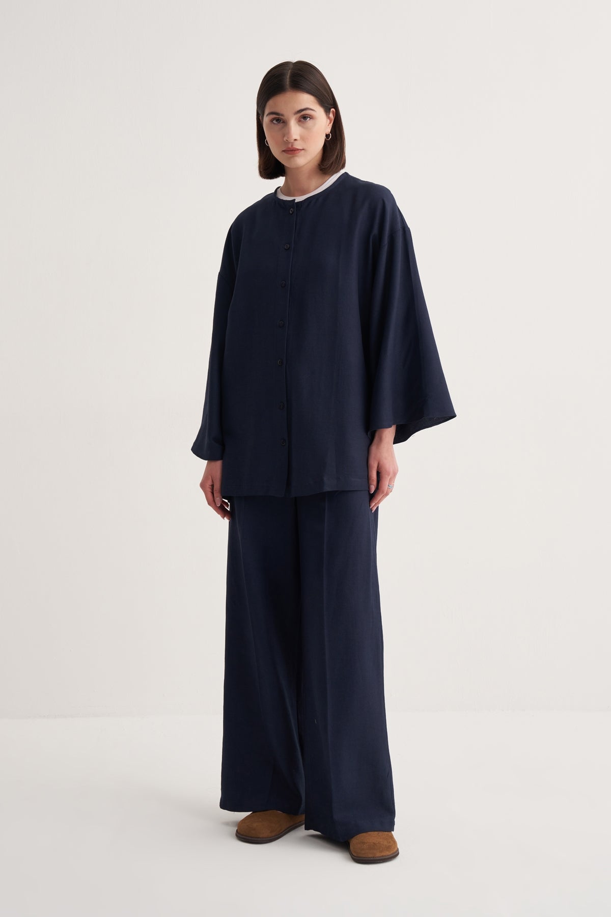 Kadın Dökümlü Pamuklu Kimono Gömlek Lacivert