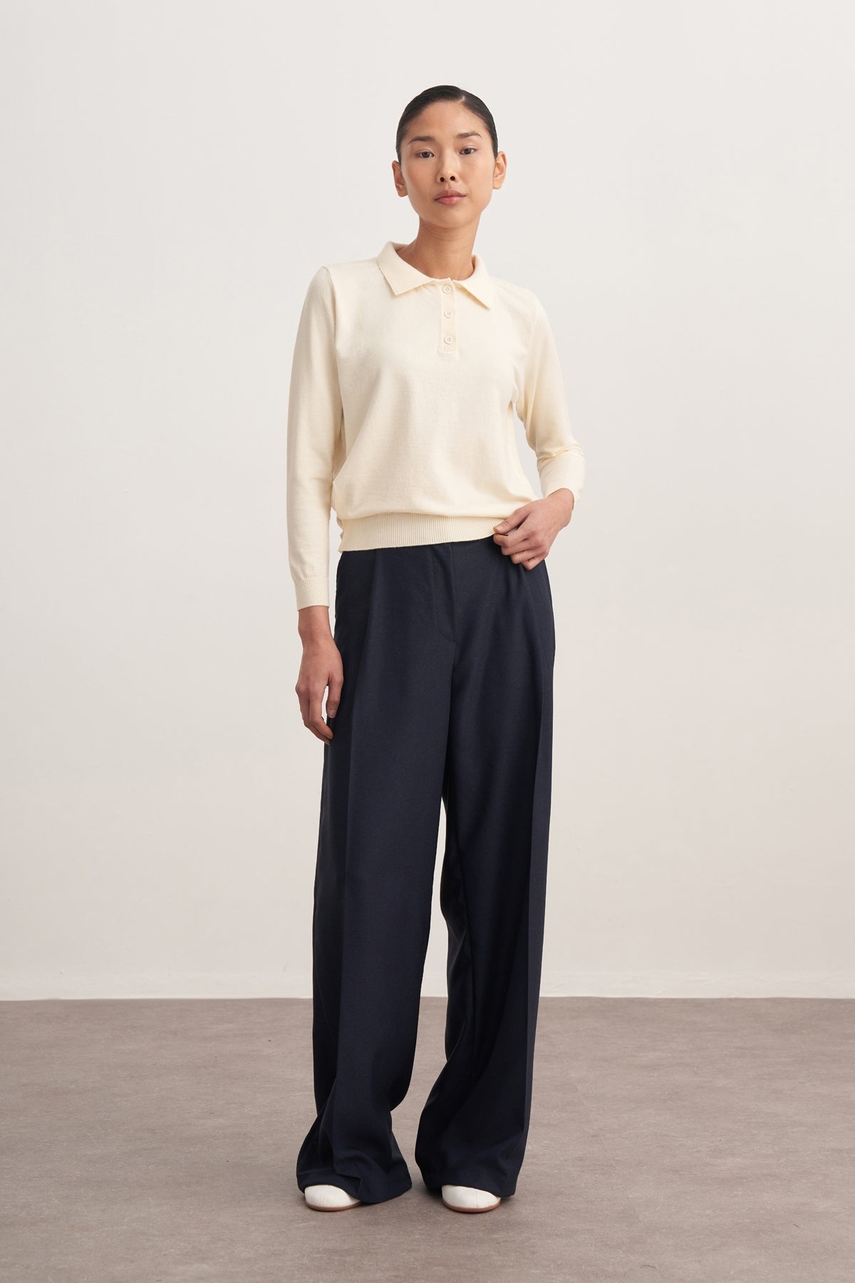 Kadın Polo Yaka Viskon Triko Kazak Krem