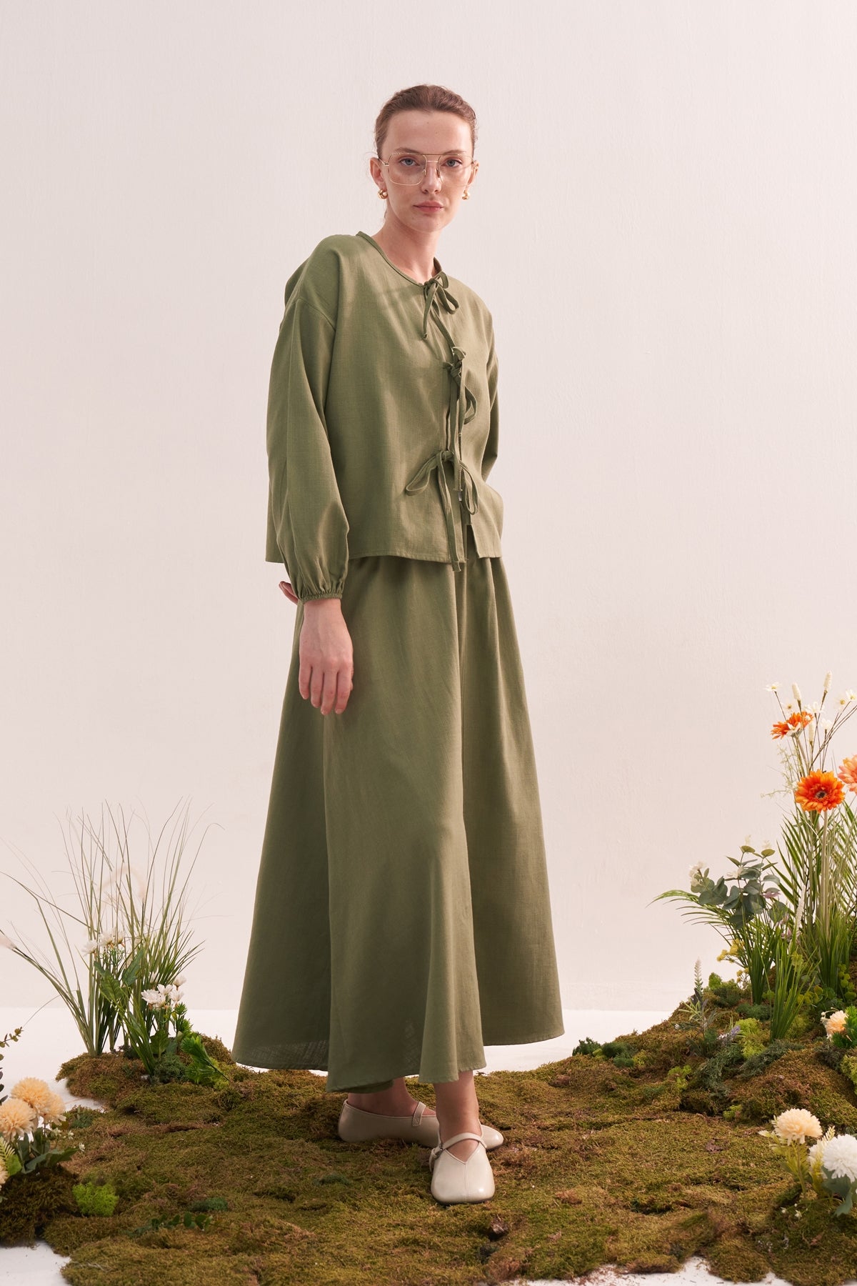 Kadın Organik Pamuk Bağcıklı Bluz Etek Takım Haki