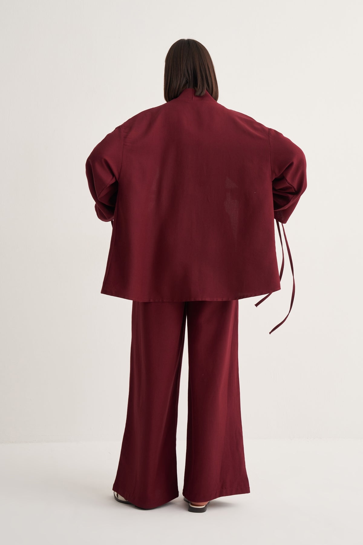 Kadın Cupra Dökümlü Pamuklu Büzgü Detaylı Kimono Pantolon Takım Bordo