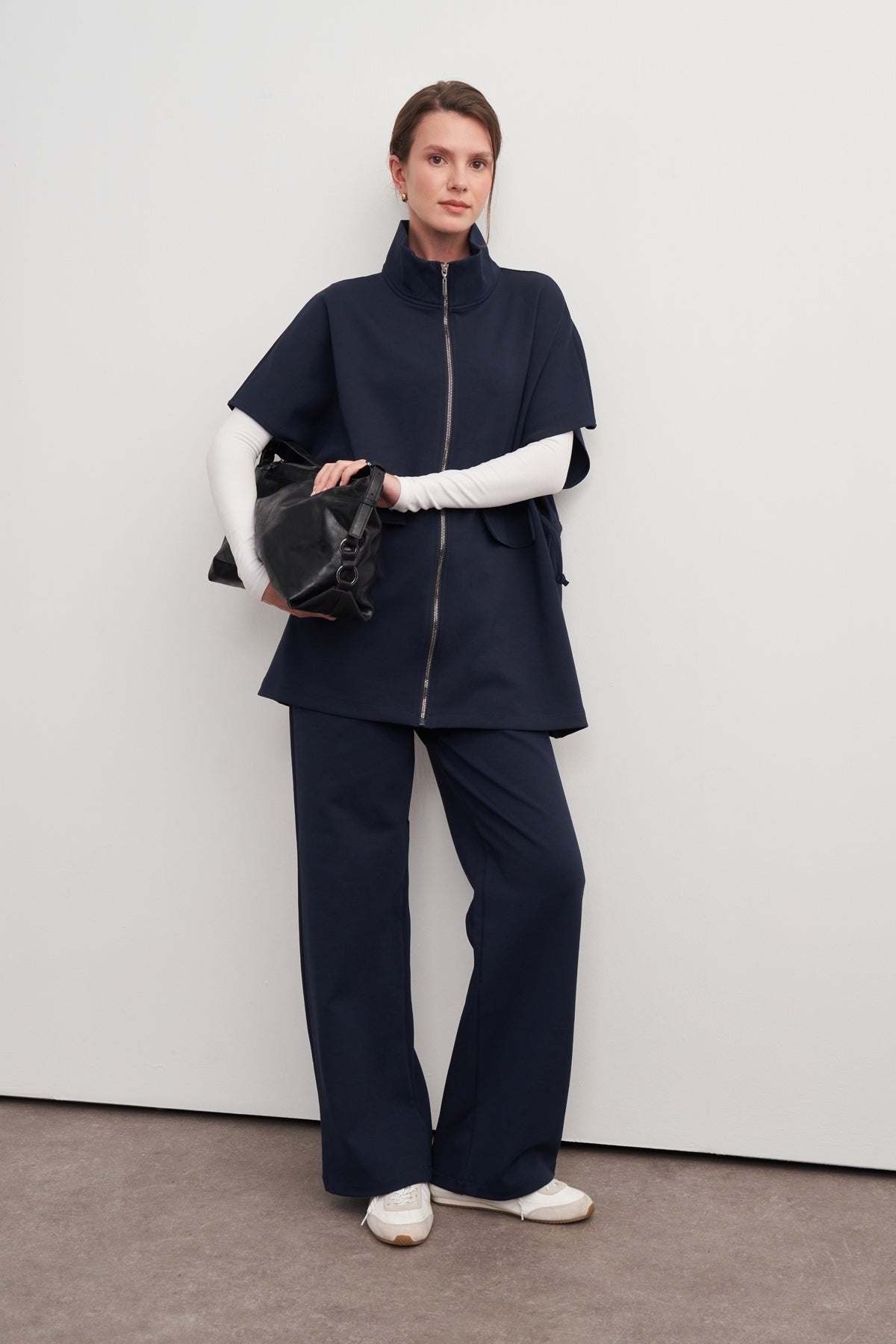 Kadın İnterlok Oversize Yelek Pantolon Takım Lacivert