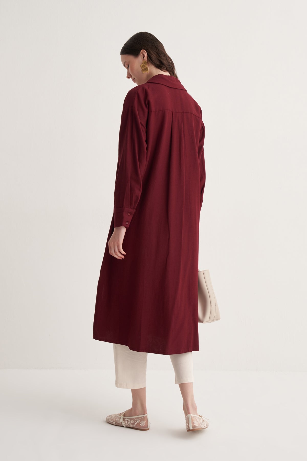 Kadın Dökümlü Pamuklu Oversize Uzun Gömlek Elbise Bordo