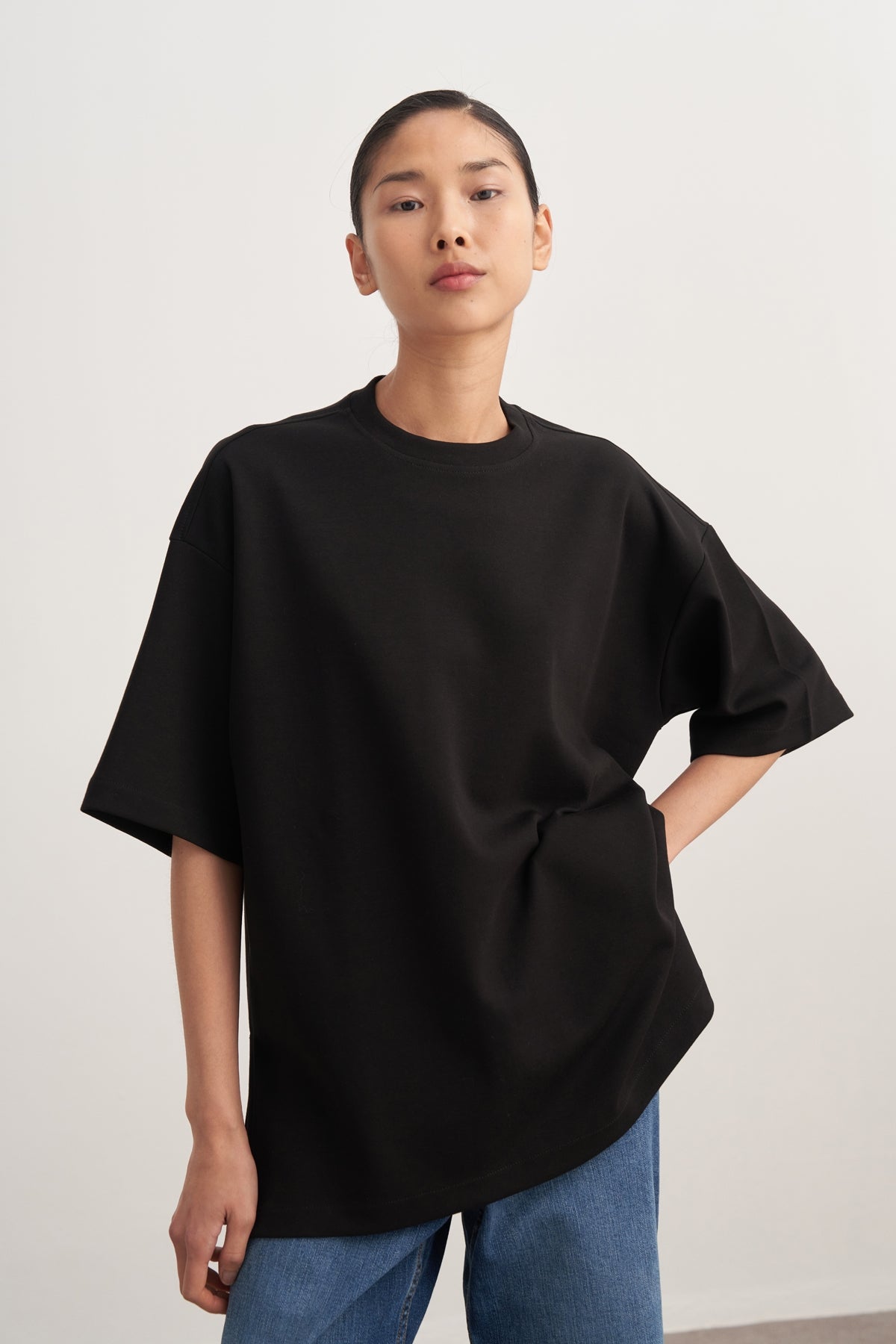 Kadın İnterlok Kısa Kol Oversize Tişört Siyah