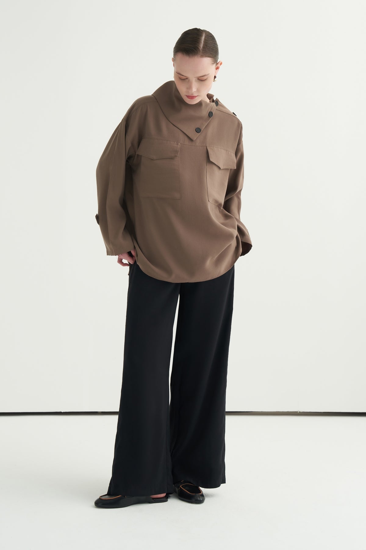 Kadın Modal Düğmeli Bluz Vizon