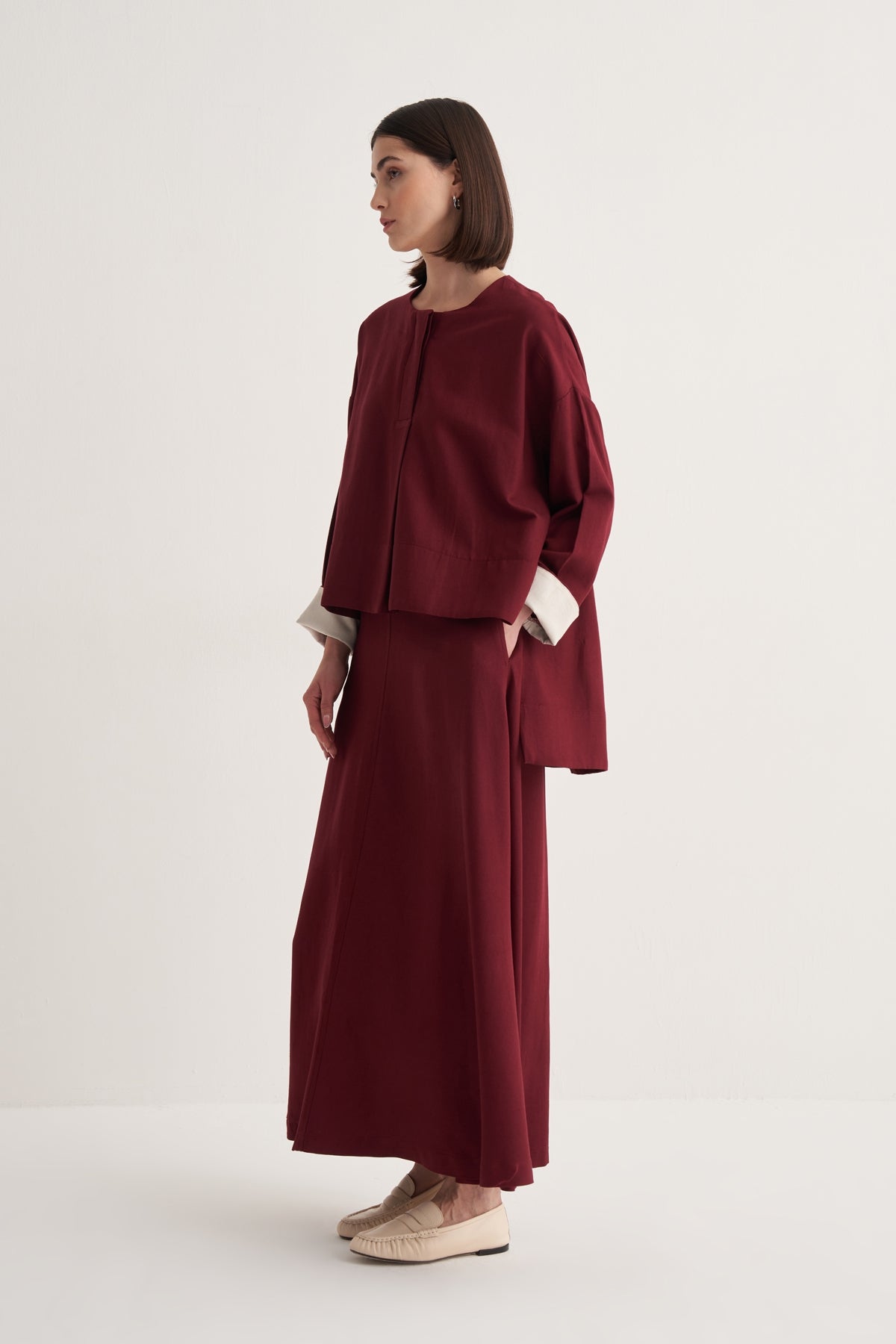 Kadın Dökümlü Pamuklu Önü Pileli Bluz Bordo