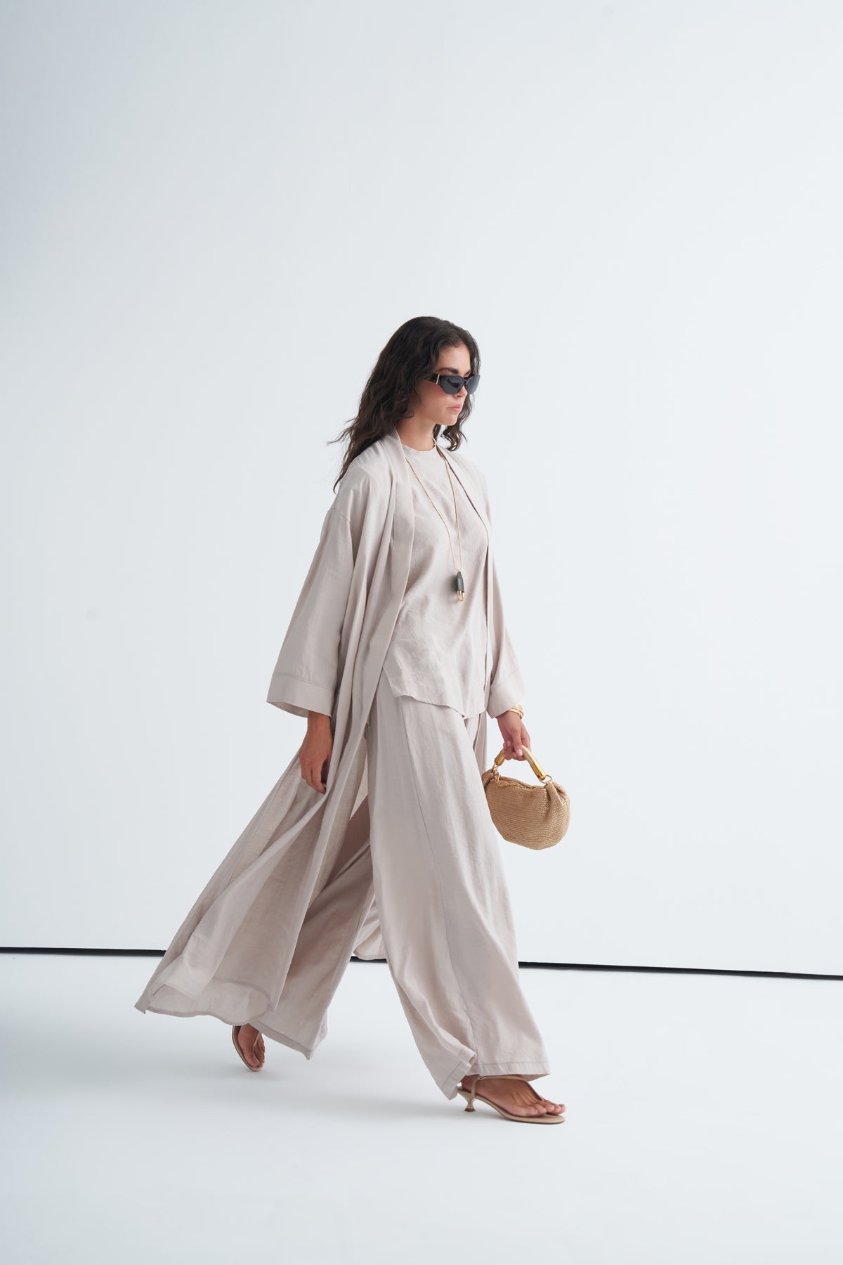 Modal 3'lü Pantolon Bluzlu Abaya Takım Açık Bej