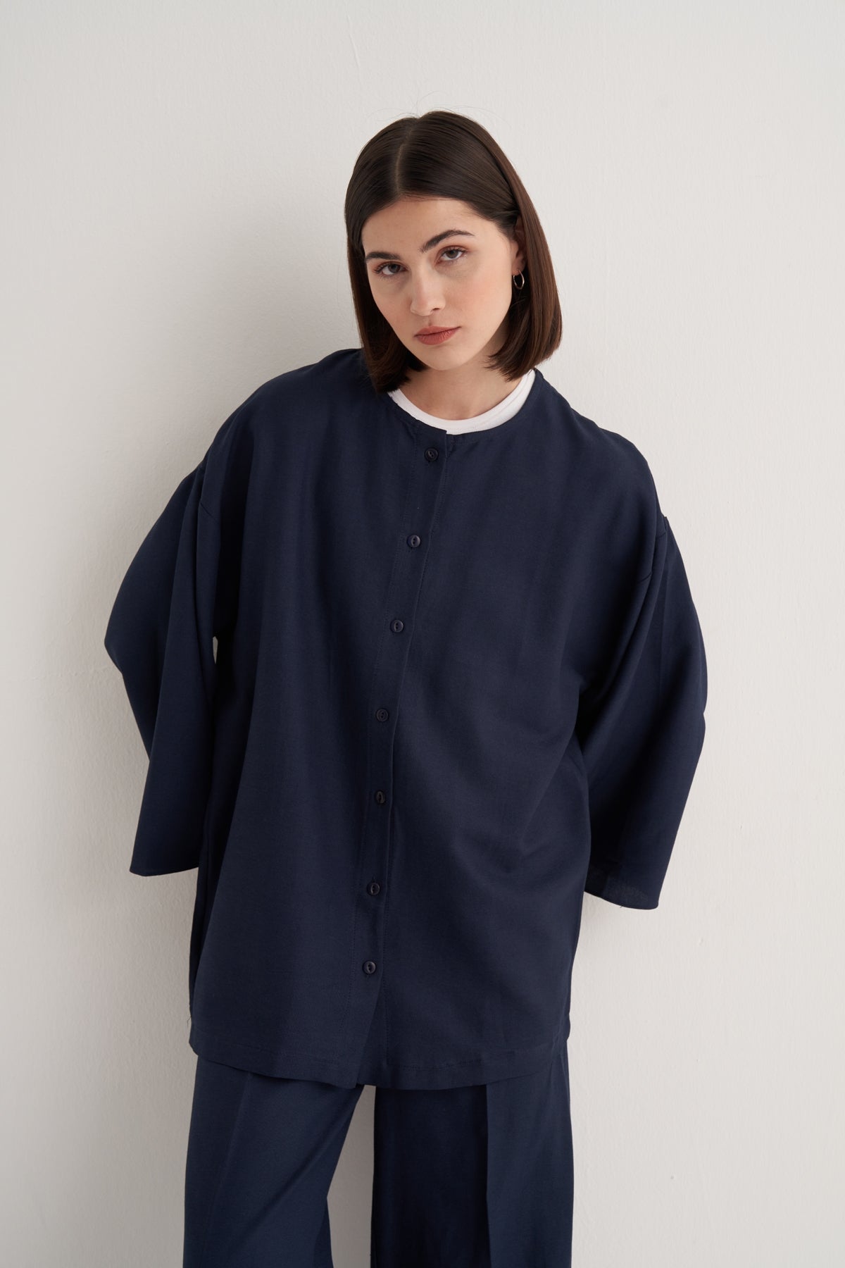 Kadın Dökümlü Pamuklu Kimono Gömlek Lacivert
