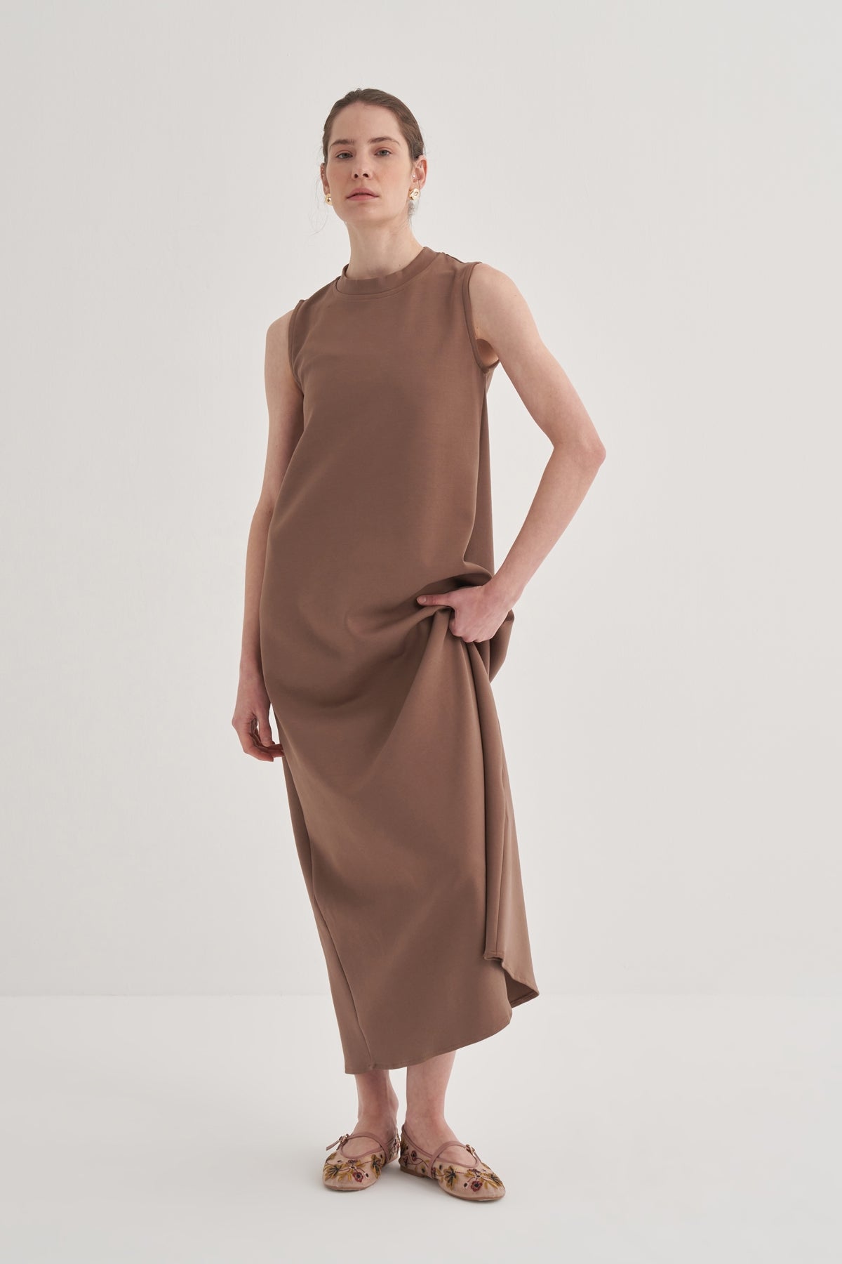 Kadın İnterlok Sıfır Kol Elbise Kahve