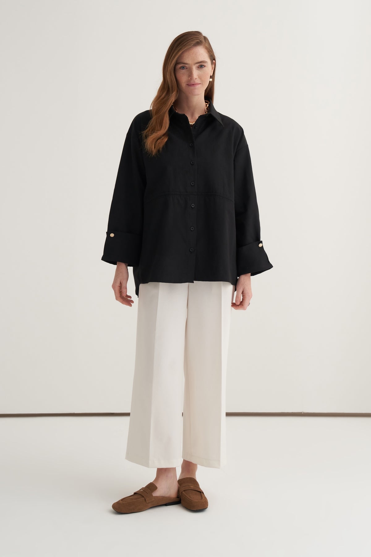 Kadın Oversize Kol Düğmeli Gömlek Siyah
