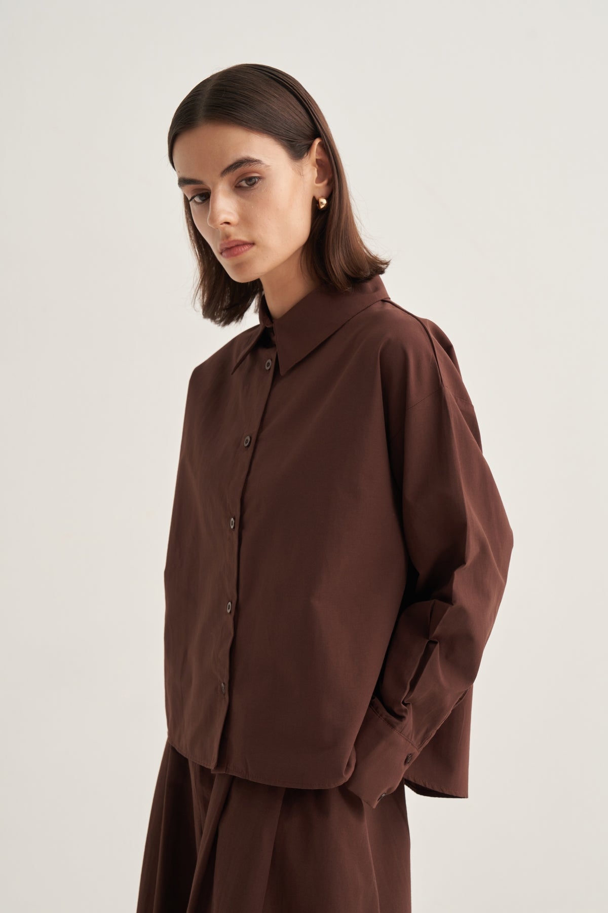 Kadın Poplin Oversize Kısa Gömlek Kahve