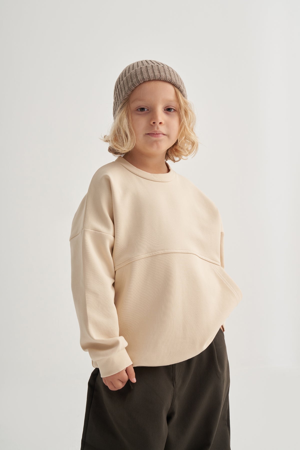 Unisex Çocuk İnterlok Cepli Sweatshirt Bej