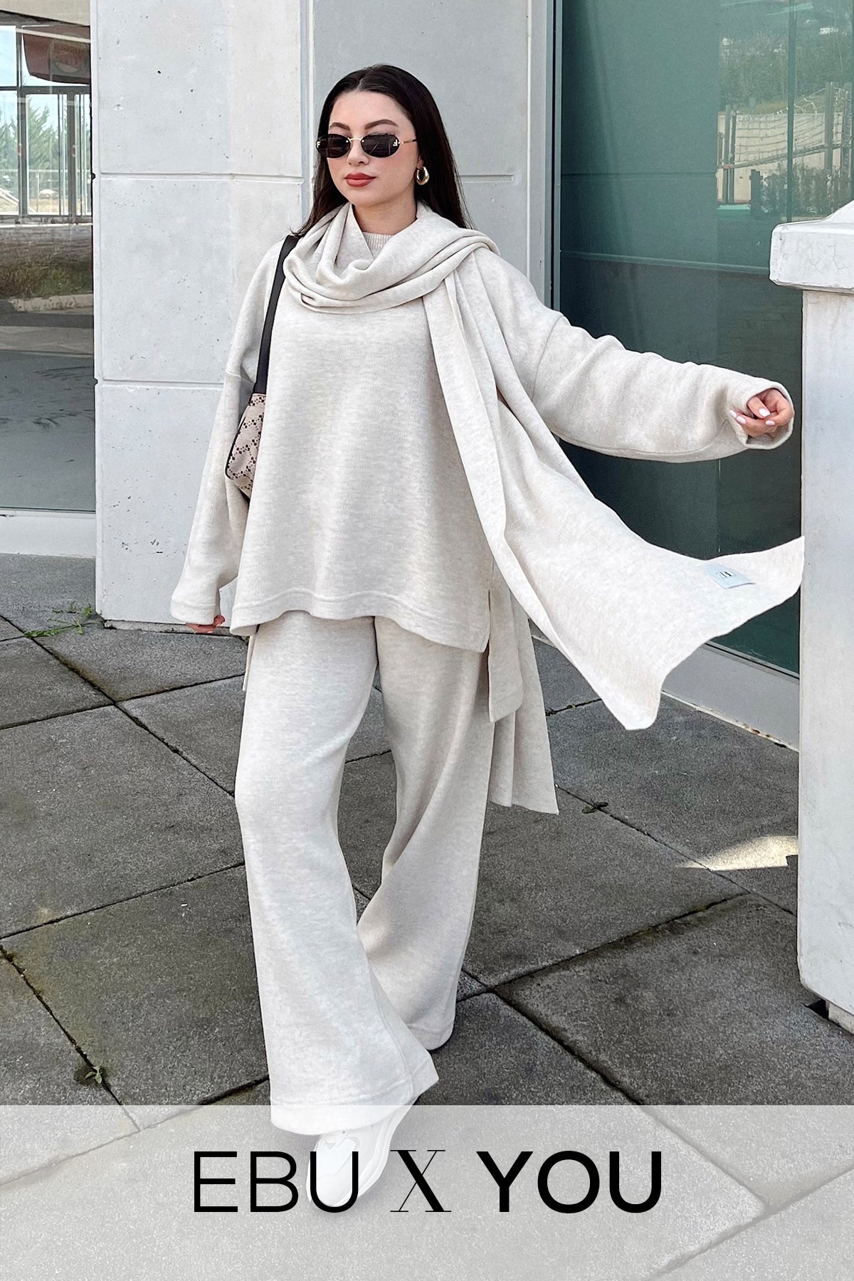 Kadın Soft Bol Paça Triko Pantolon Taş