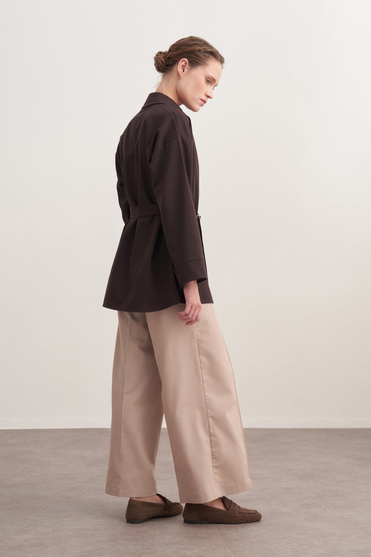 Kadın Gabardin Kemerli Gömlek Kahve