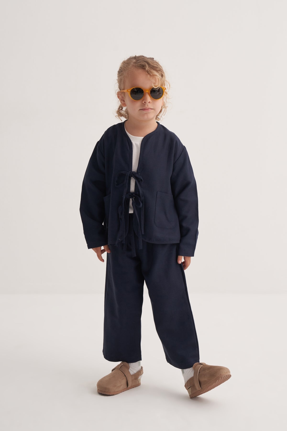 Unisex Çocuk Dökümlü Pamuklu Kimono Lacivert