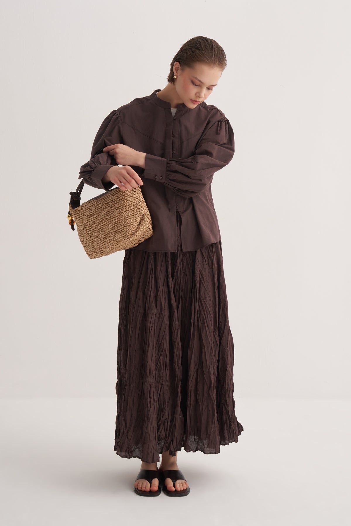 Kadın Pamuk Vual Bluz Kahve