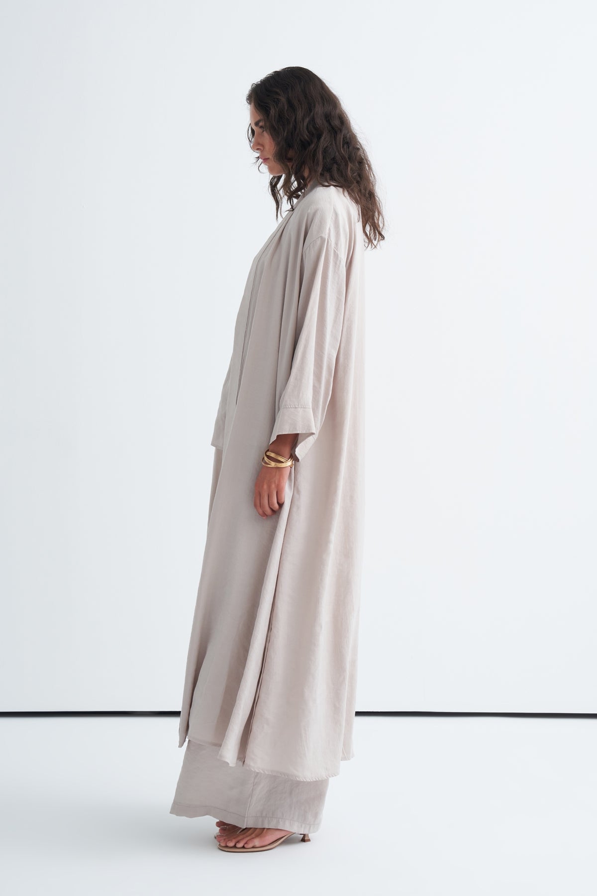 Modal 3'lü Pantolon Bluzlu Abaya Takım Açık Bej