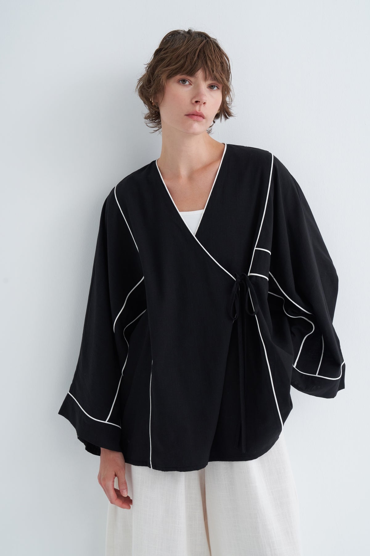 Kadın Kontrast Kimono Pantolon Takım Siyah