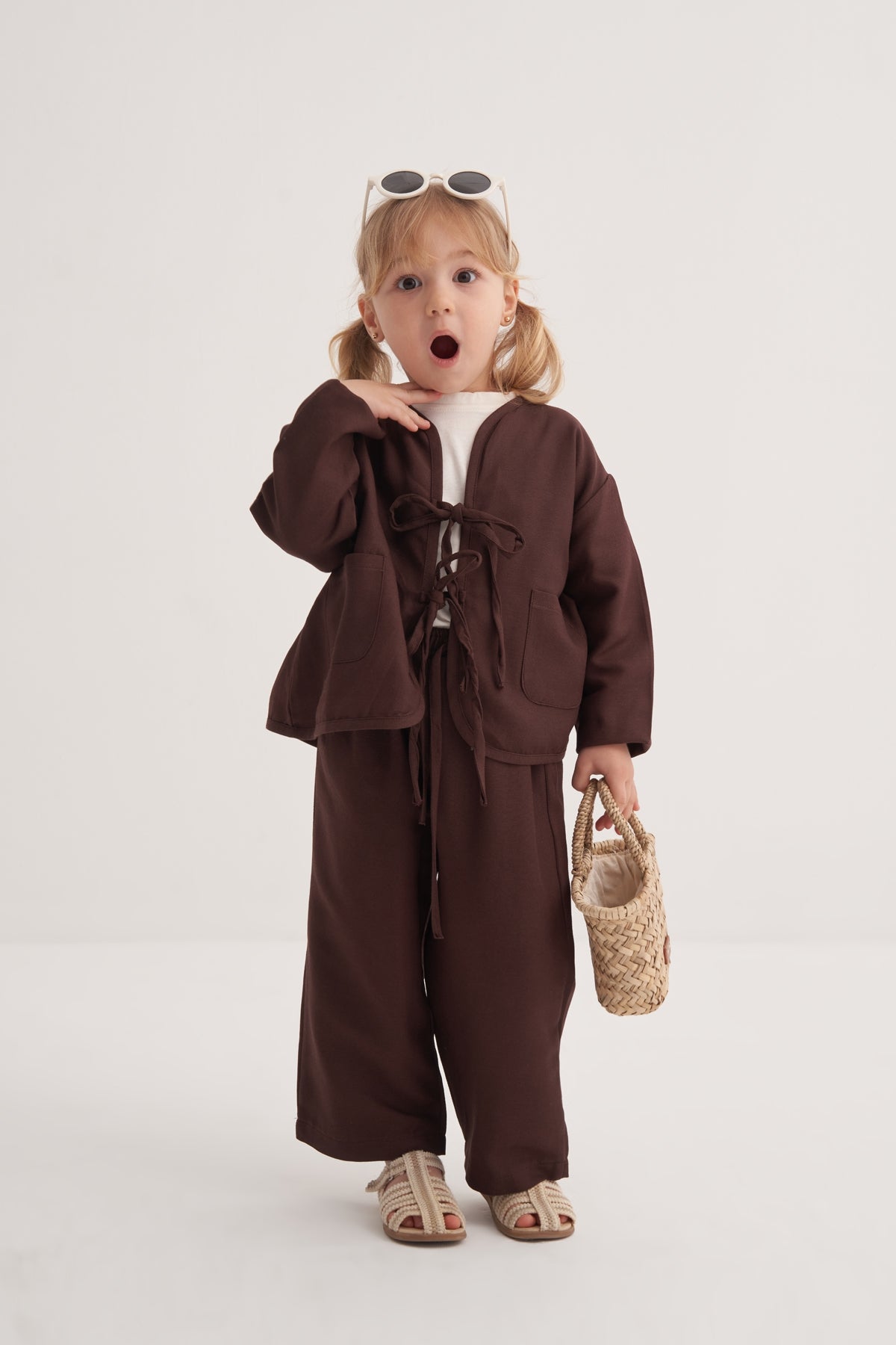 Unisex Çocuk Dökümlü Pamuklu Kimono Acı Kahve